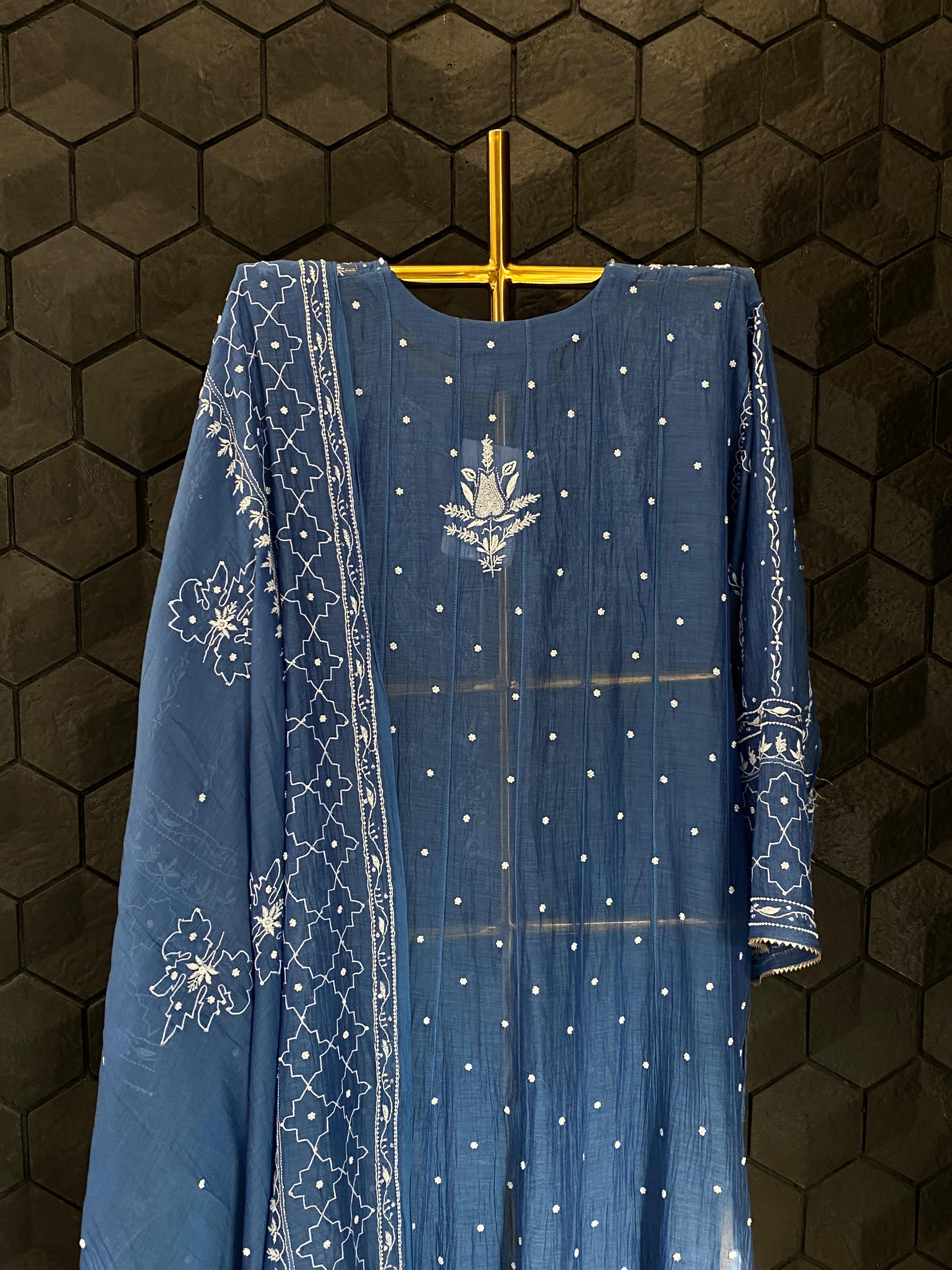 Cobalt blue mul chanderi chikankari anarkali set