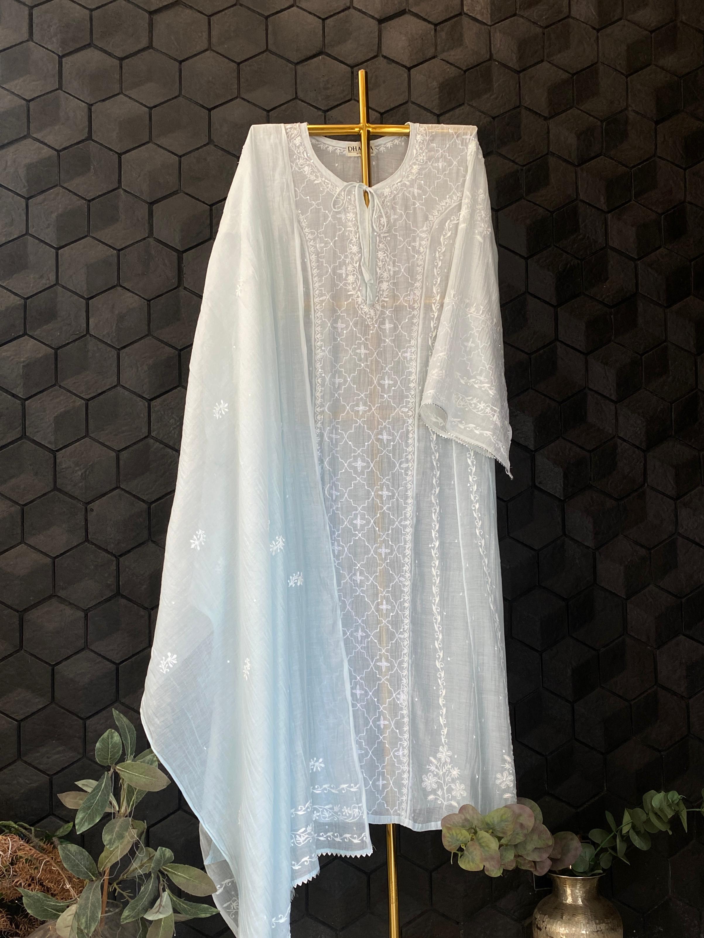 Sky blue mul chanderi chikankari anarkali set