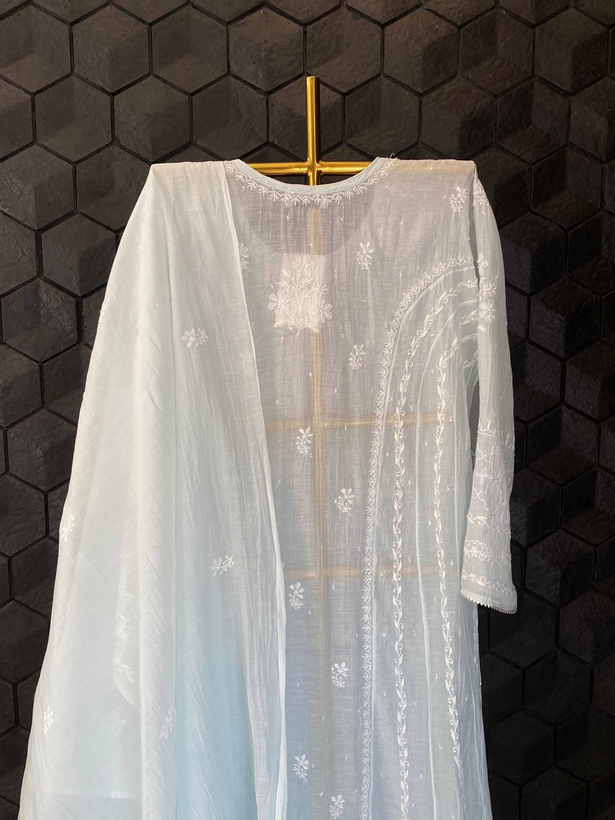Sky blue mul chanderi chikankari anarkali set