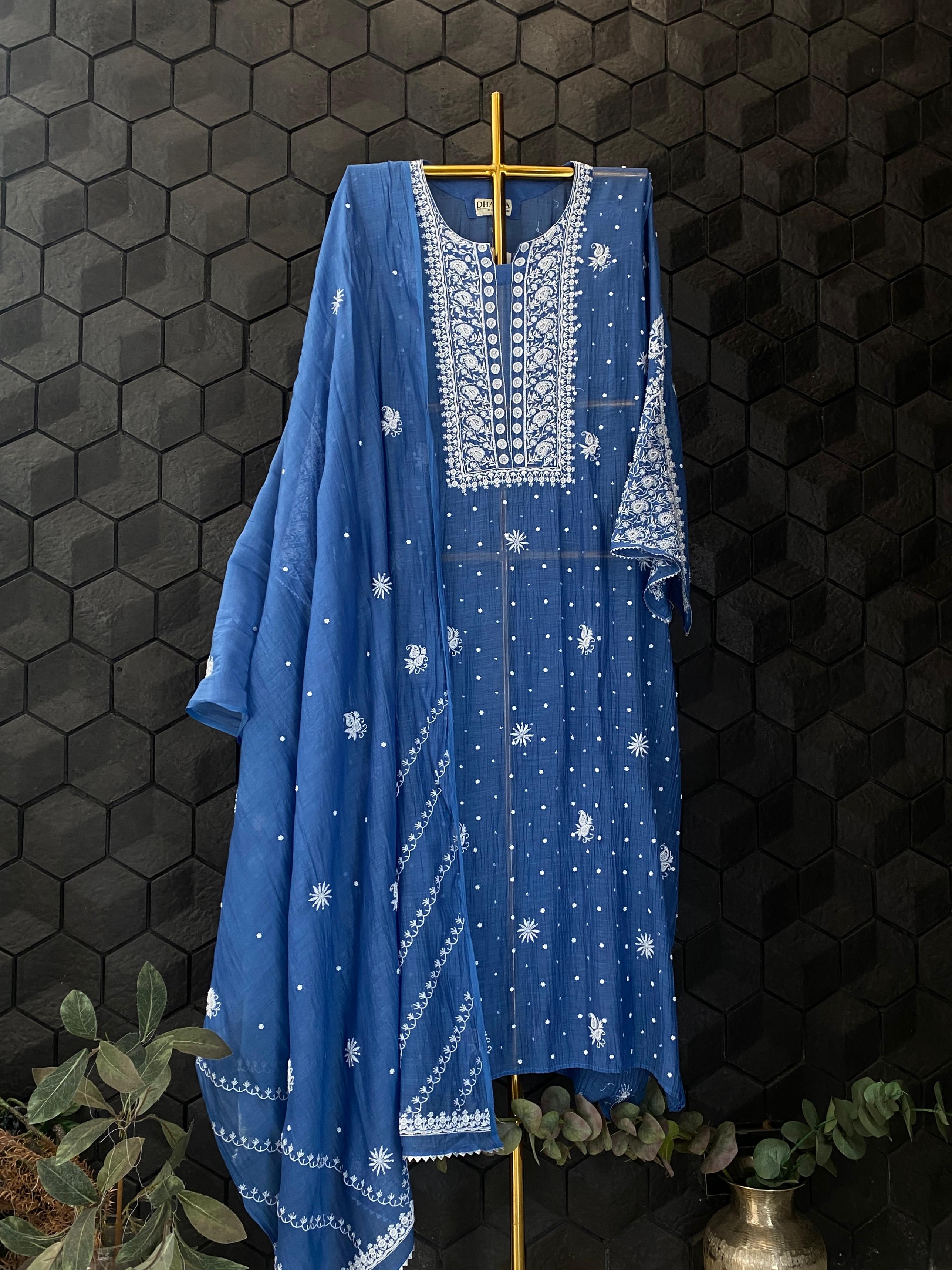 Cobalt Blue mul chanderi chikankari kurta set