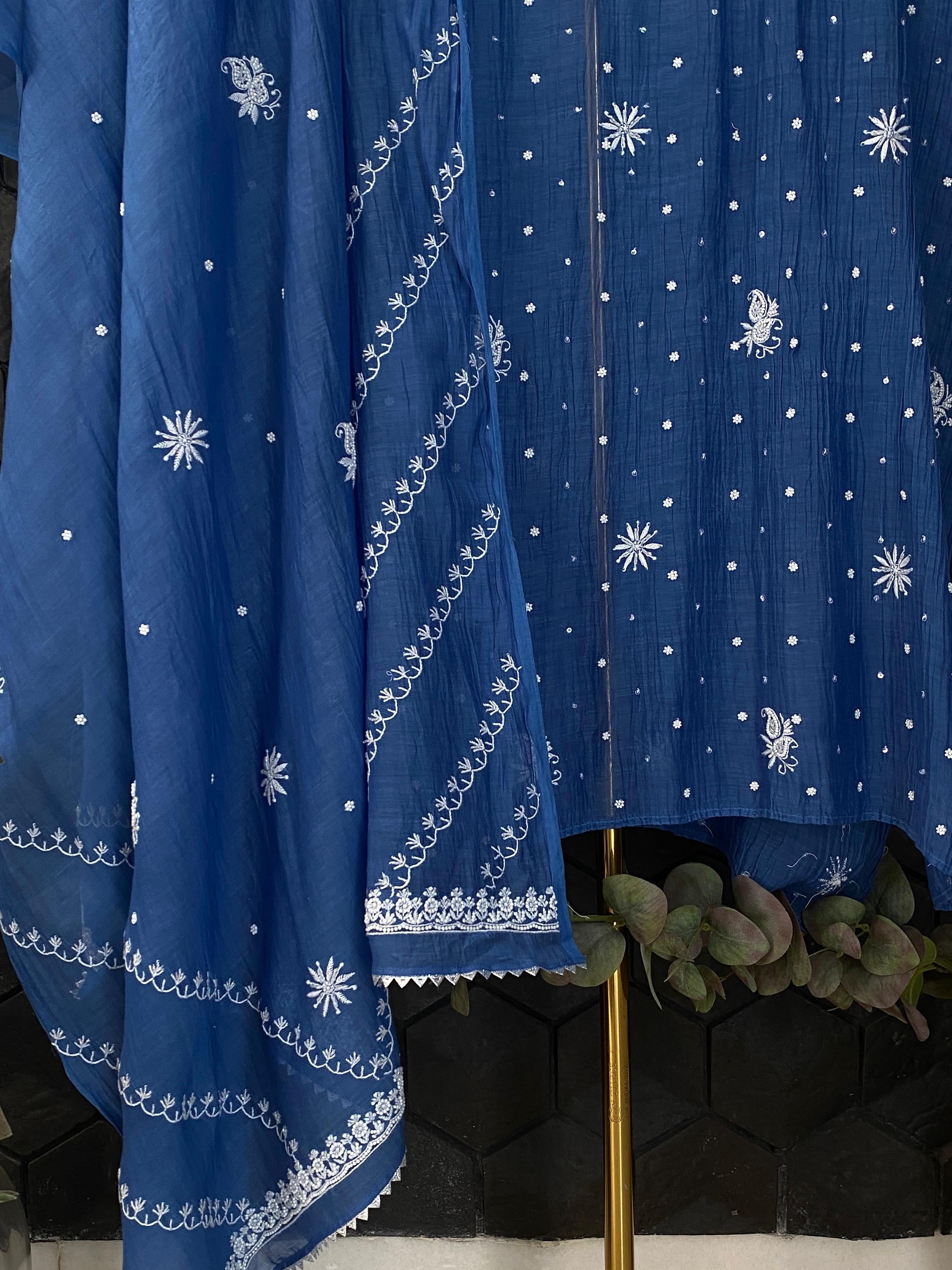 Cobalt Blue mul chanderi chikankari kurta set