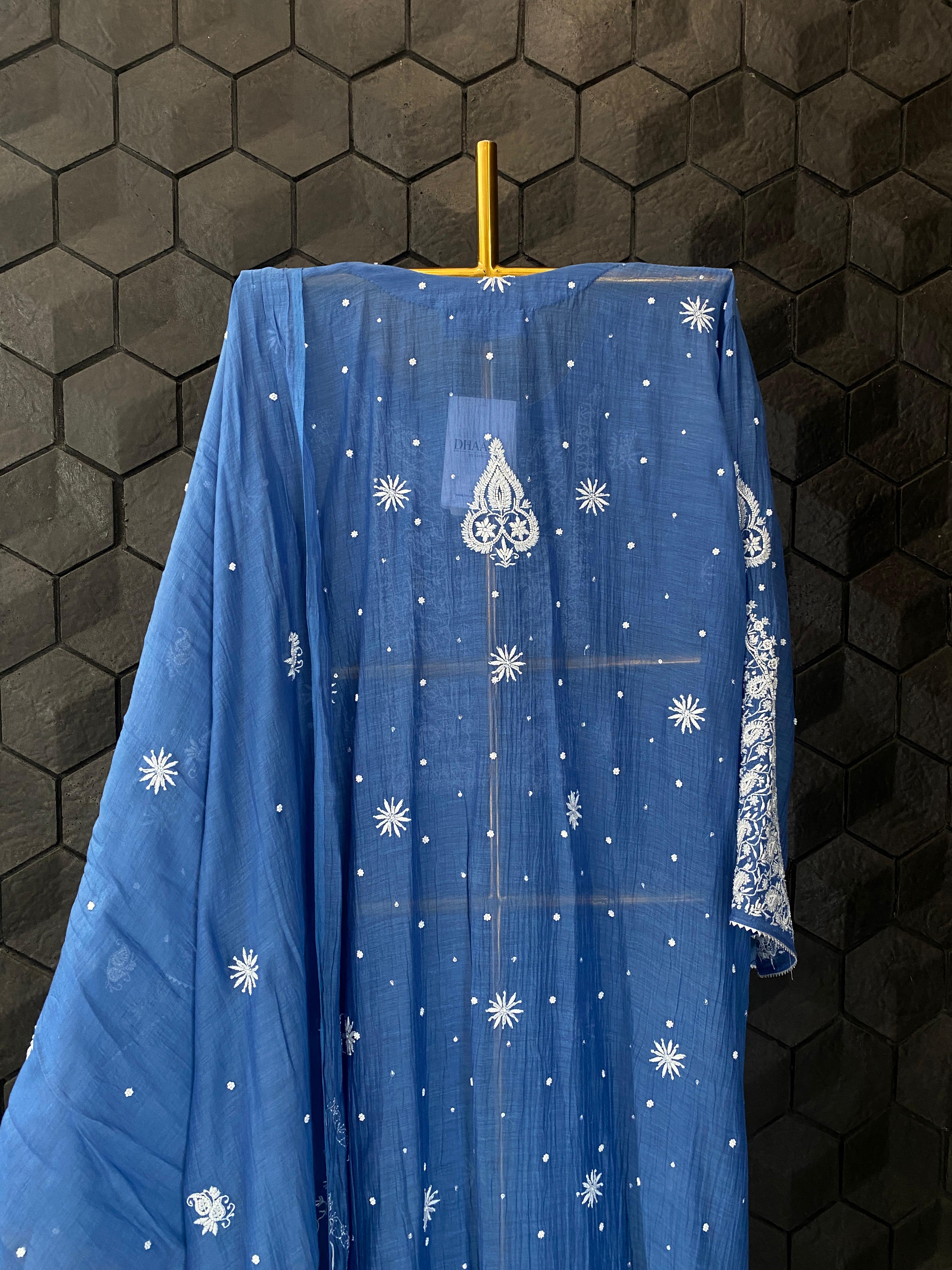 Cobalt Blue mul chanderi chikankari kurta set