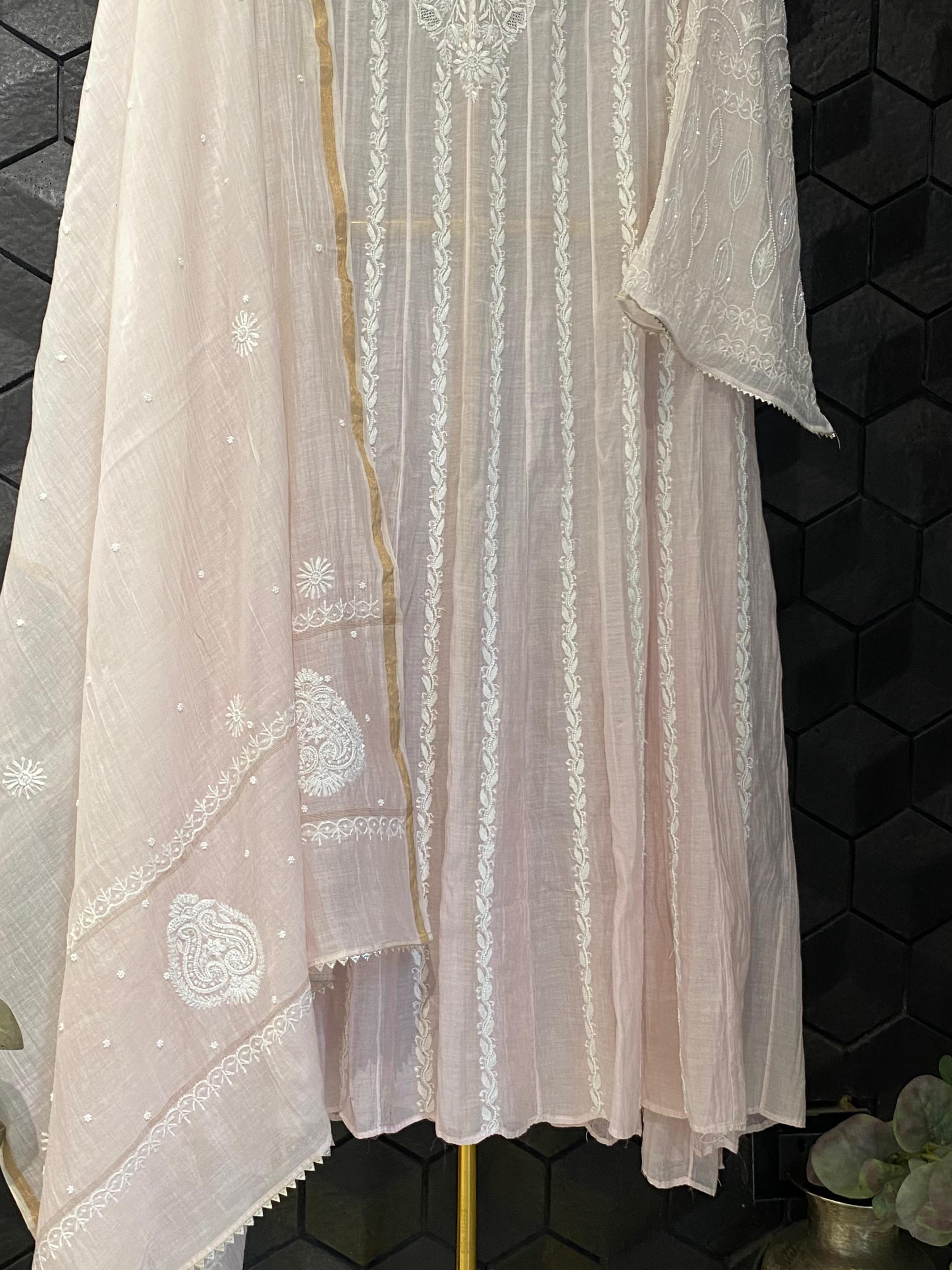 Pink Mul Chanderi chikankari anarkali set