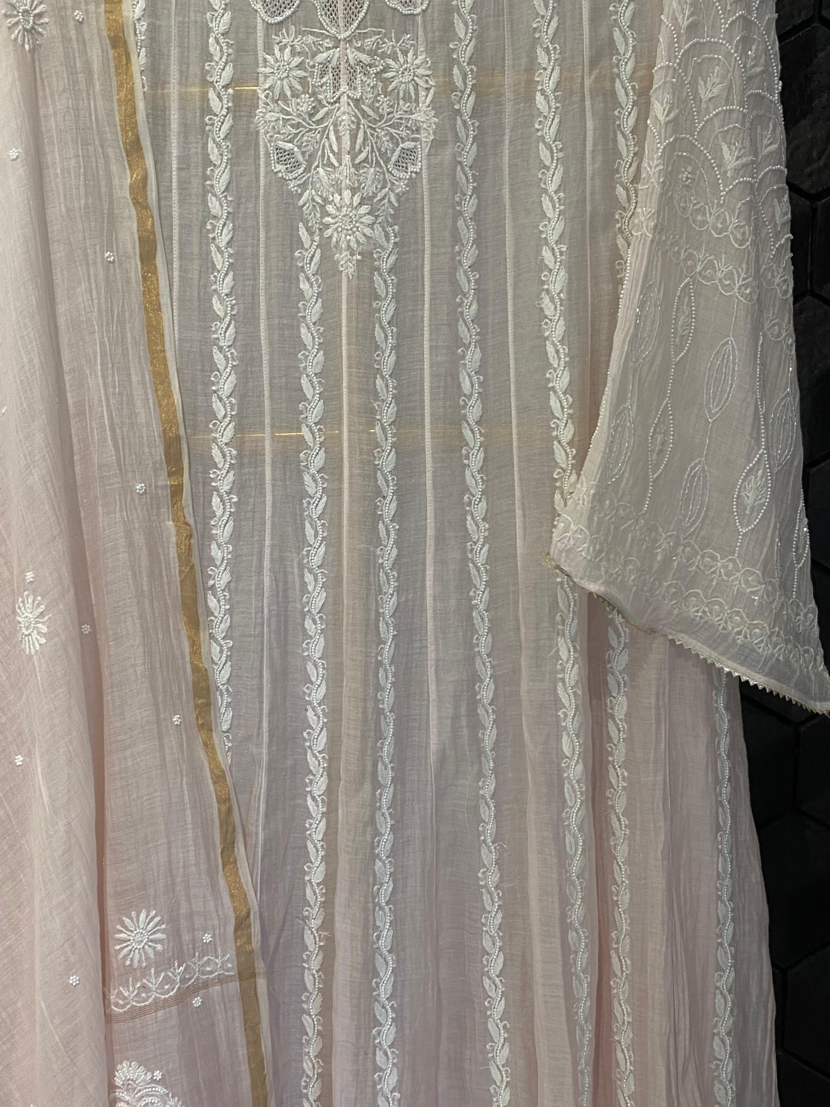 Pink Mul Chanderi chikankari anarkali set