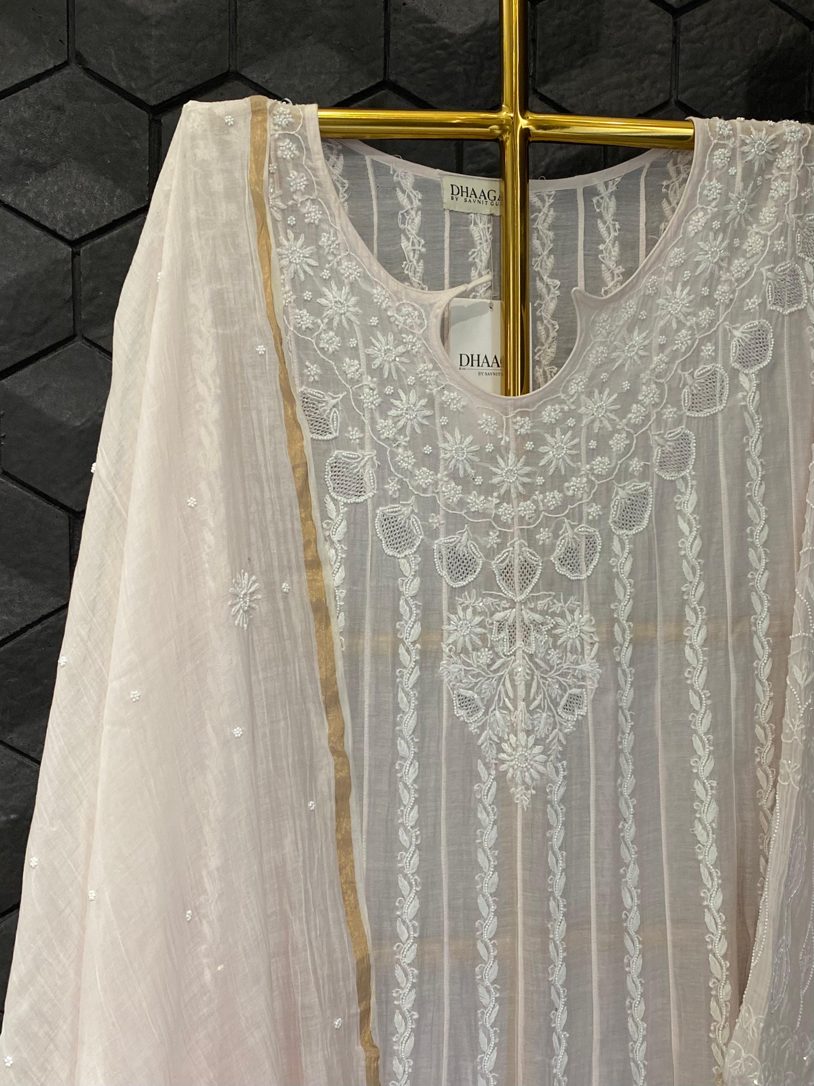 Pink Mul Chanderi chikankari anarkali set