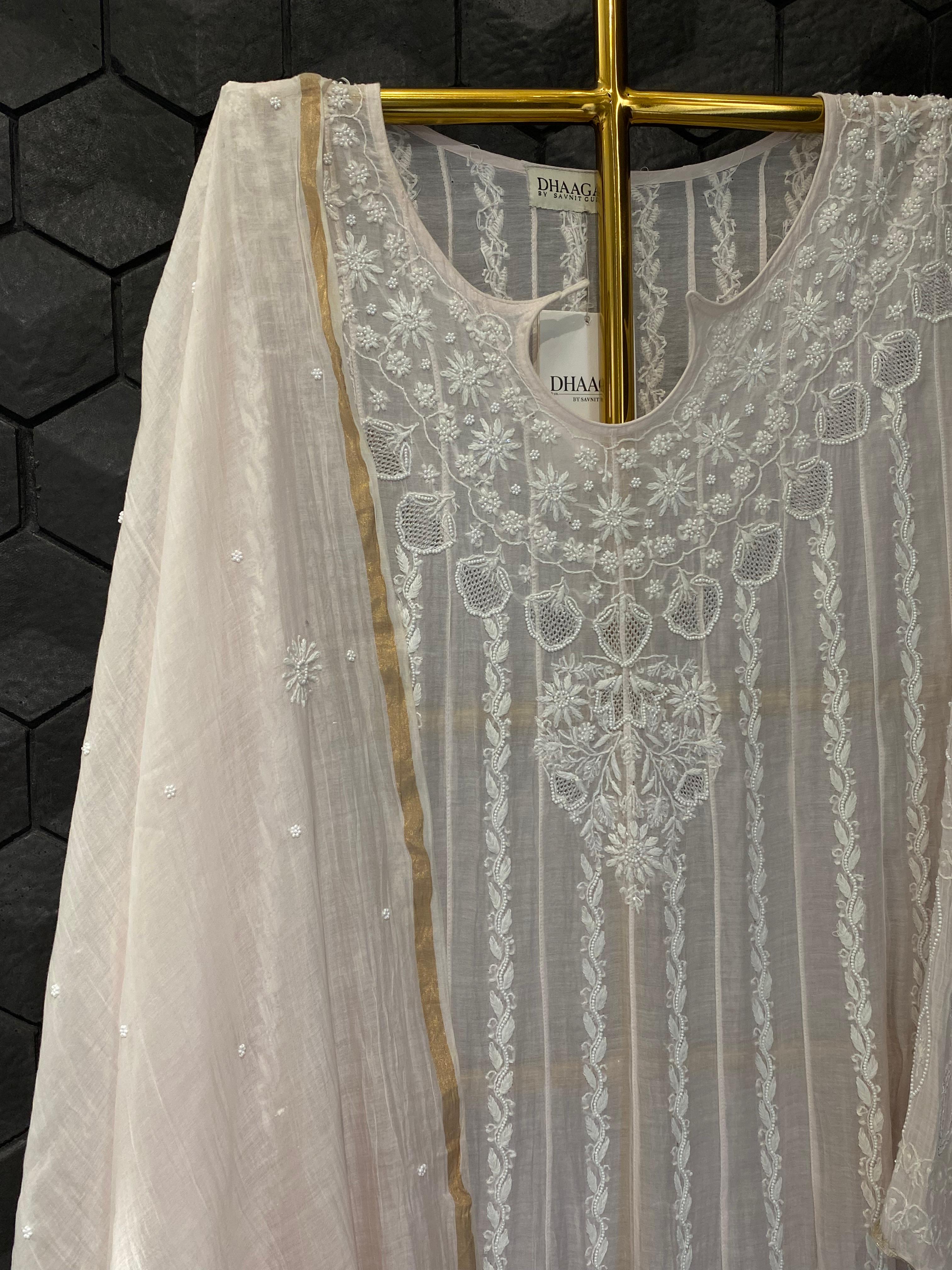 Pink Mul Chanderi chikankari anarkali set