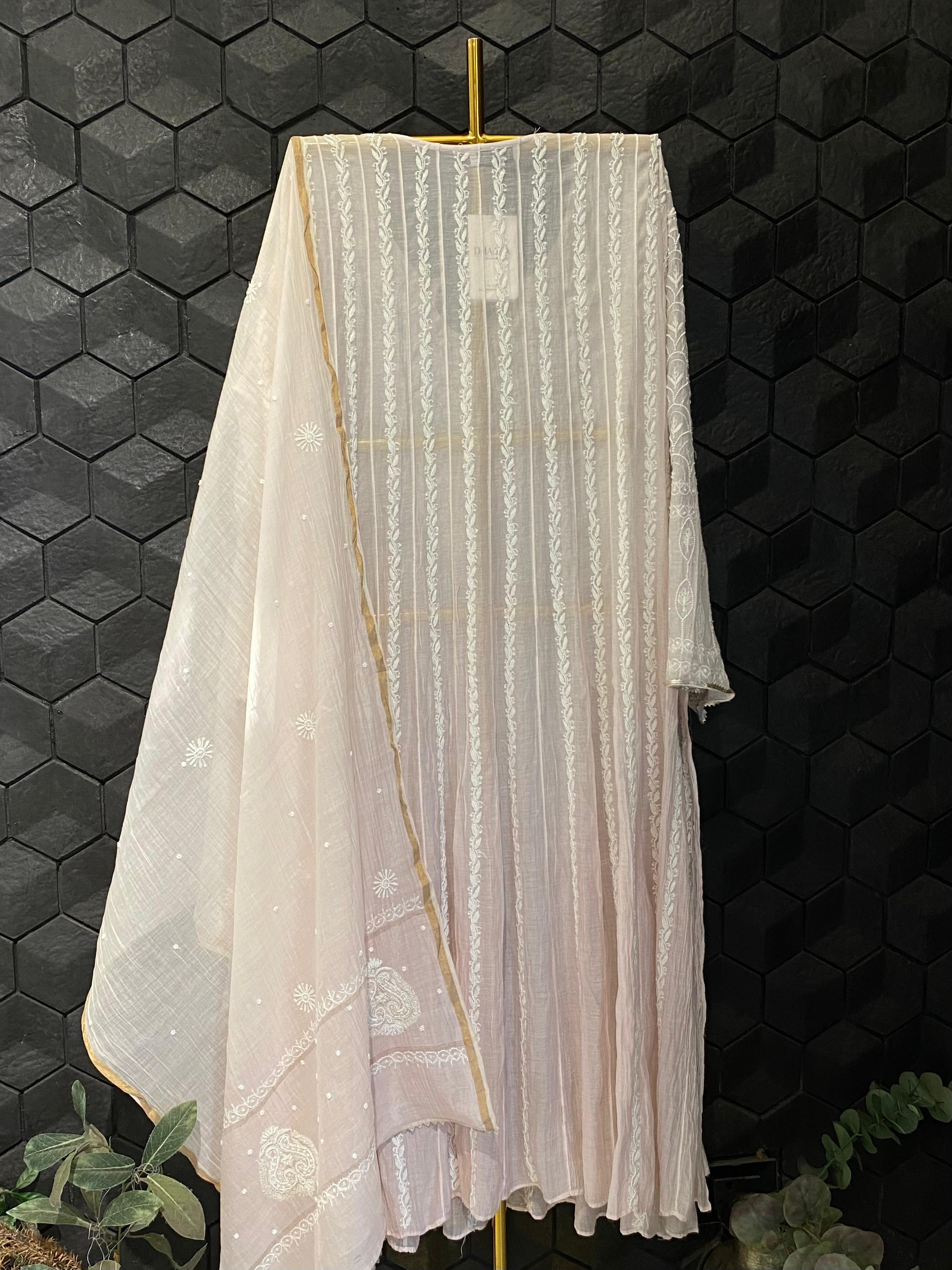 Pink Mul Chanderi chikankari anarkali set