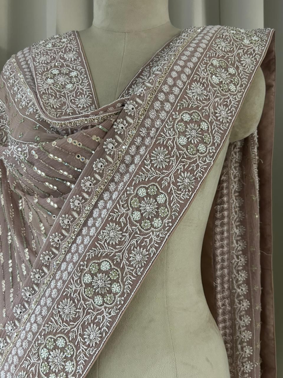 Brown Chiffon Chikankari dupatta with statement peacock design