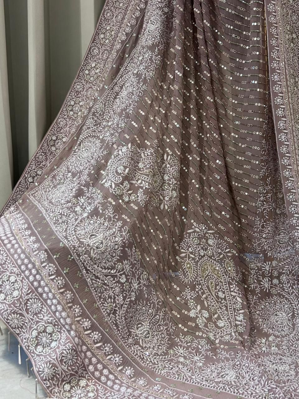 Brown Chiffon Chikankari dupatta with statement peacock design