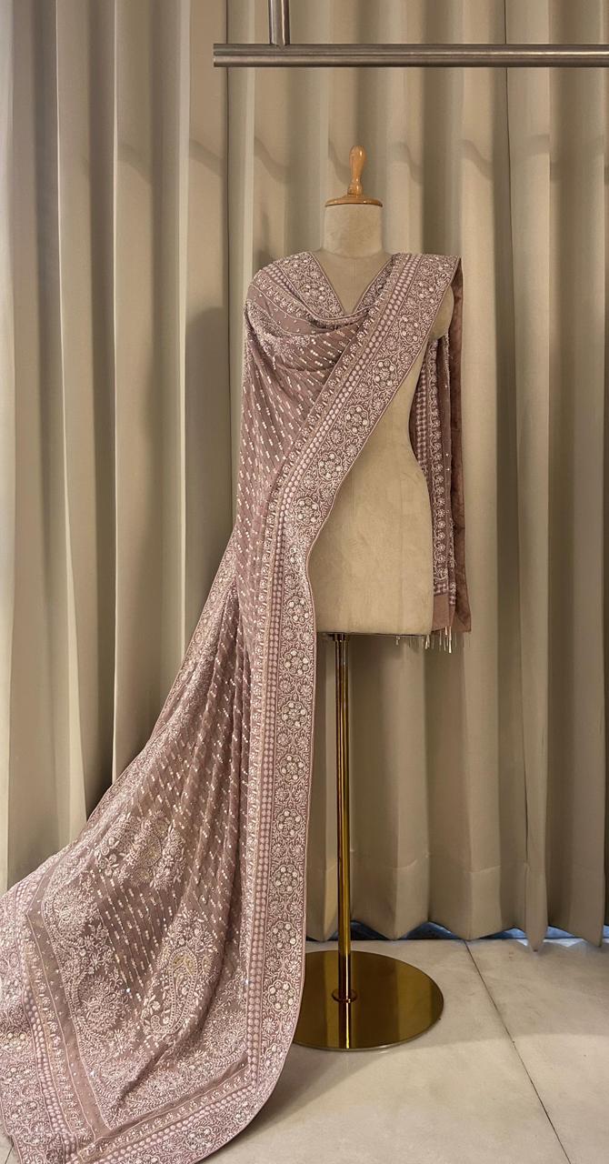 Brown Chiffon Chikankari dupatta with statement peacock design