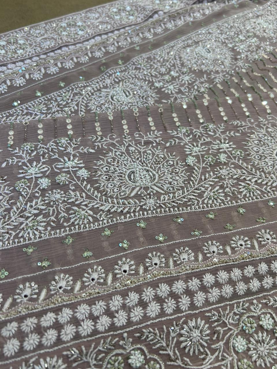 Brown Chiffon Chikankari dupatta with statement peacock design