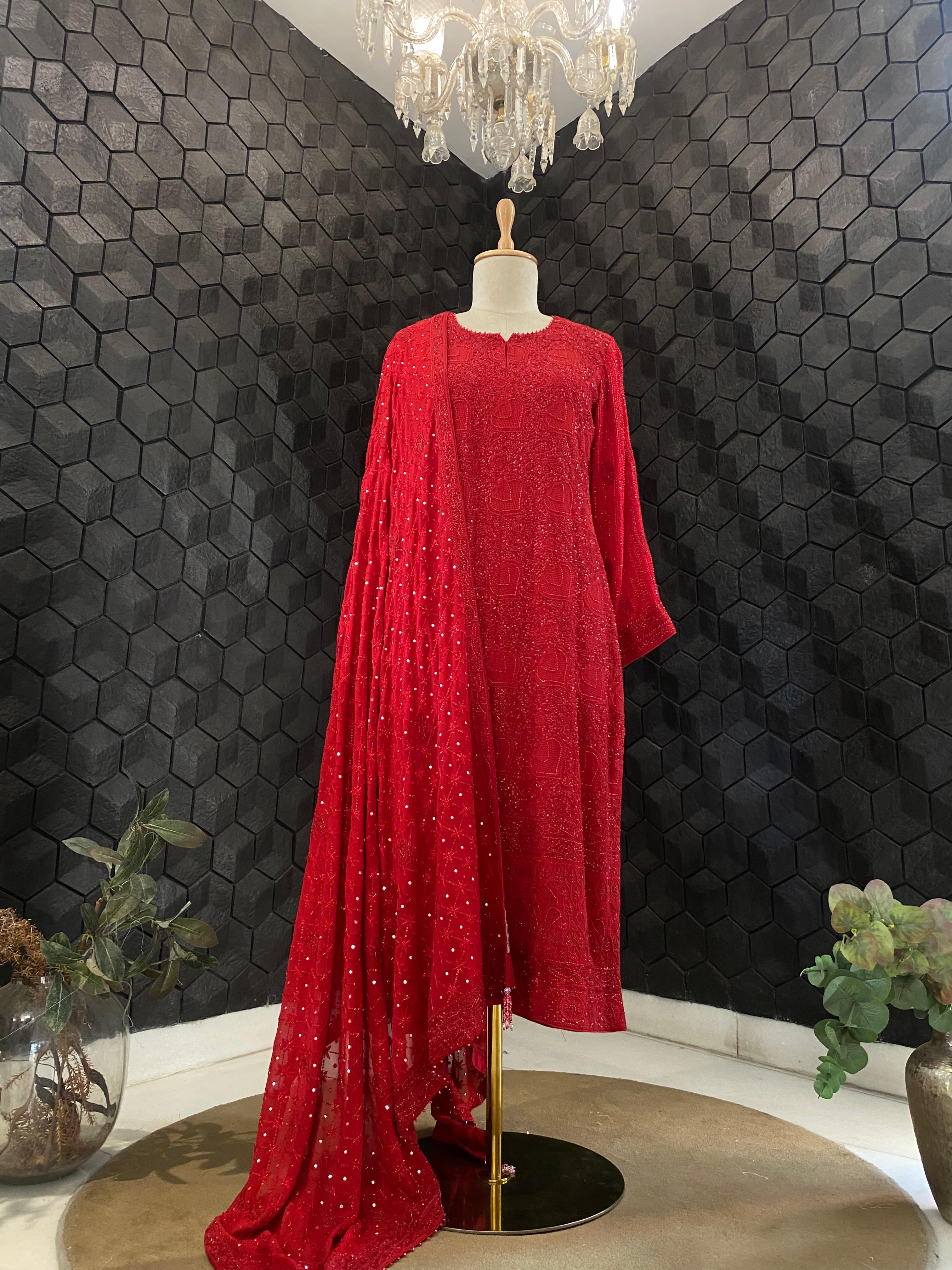 Red Georgette Ek -Taar Chikankari Kurta Set with statement heavy  dupatta