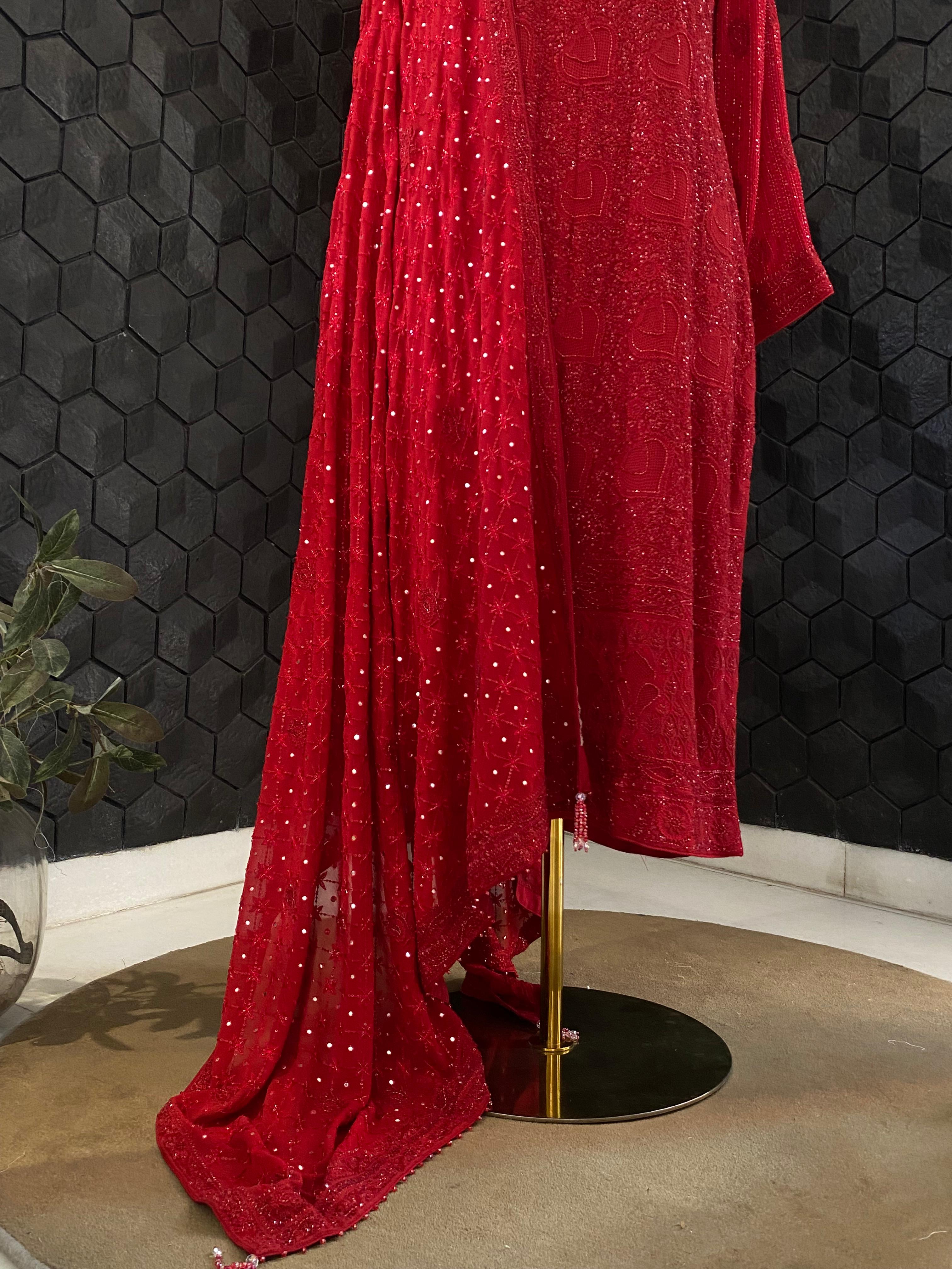 Red Georgette Ek -Taar Chikankari Kurta Set with statement heavy  dupatta