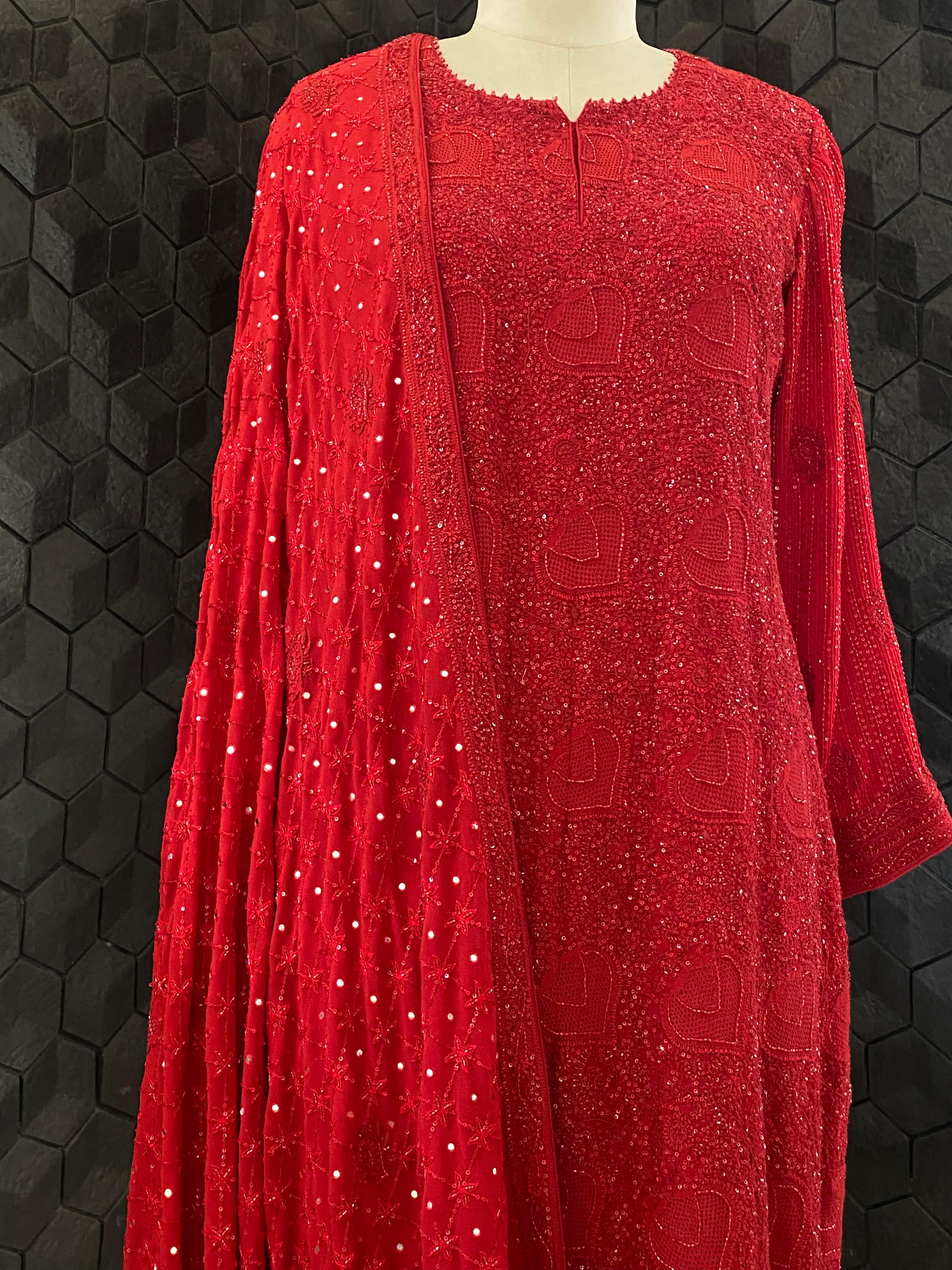 Red Georgette Ek -Taar Chikankari Kurta Set with statement heavy  dupatta