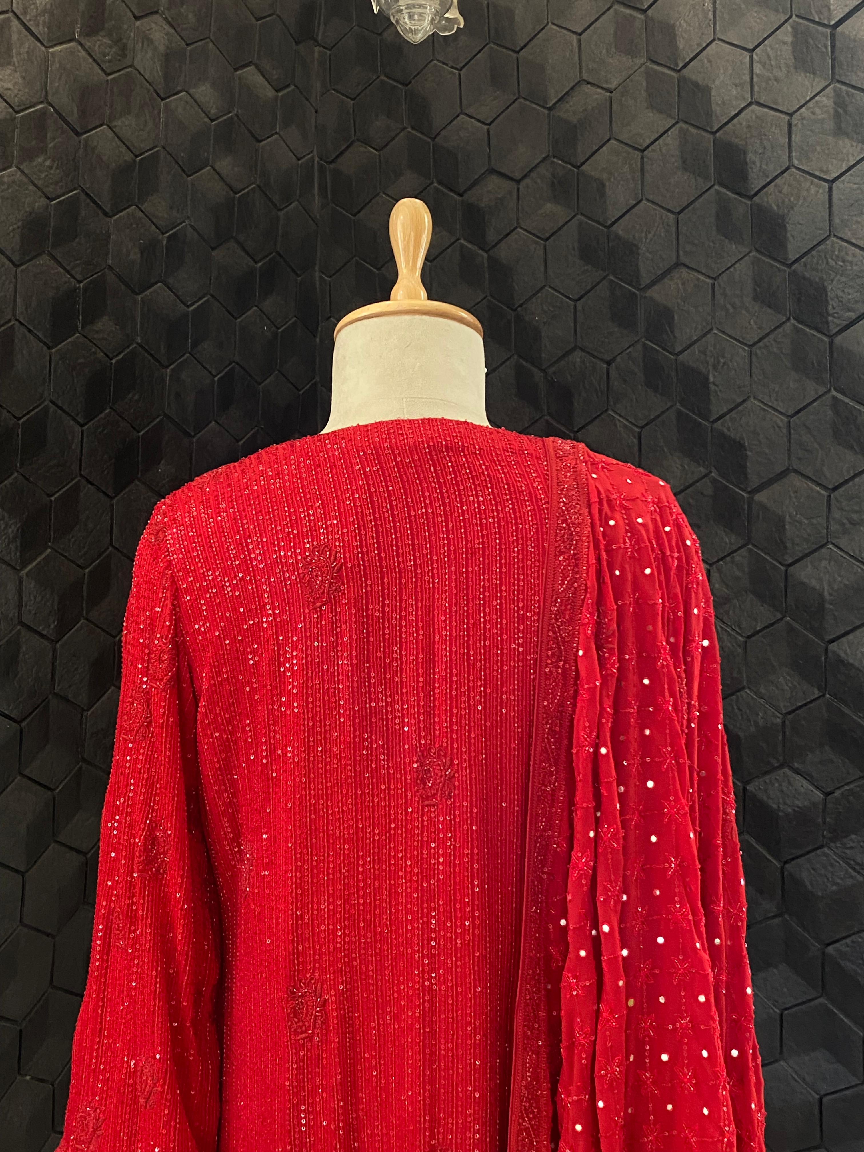 Red Georgette Ek -Taar Chikankari Kurta Set with statement heavy  dupatta