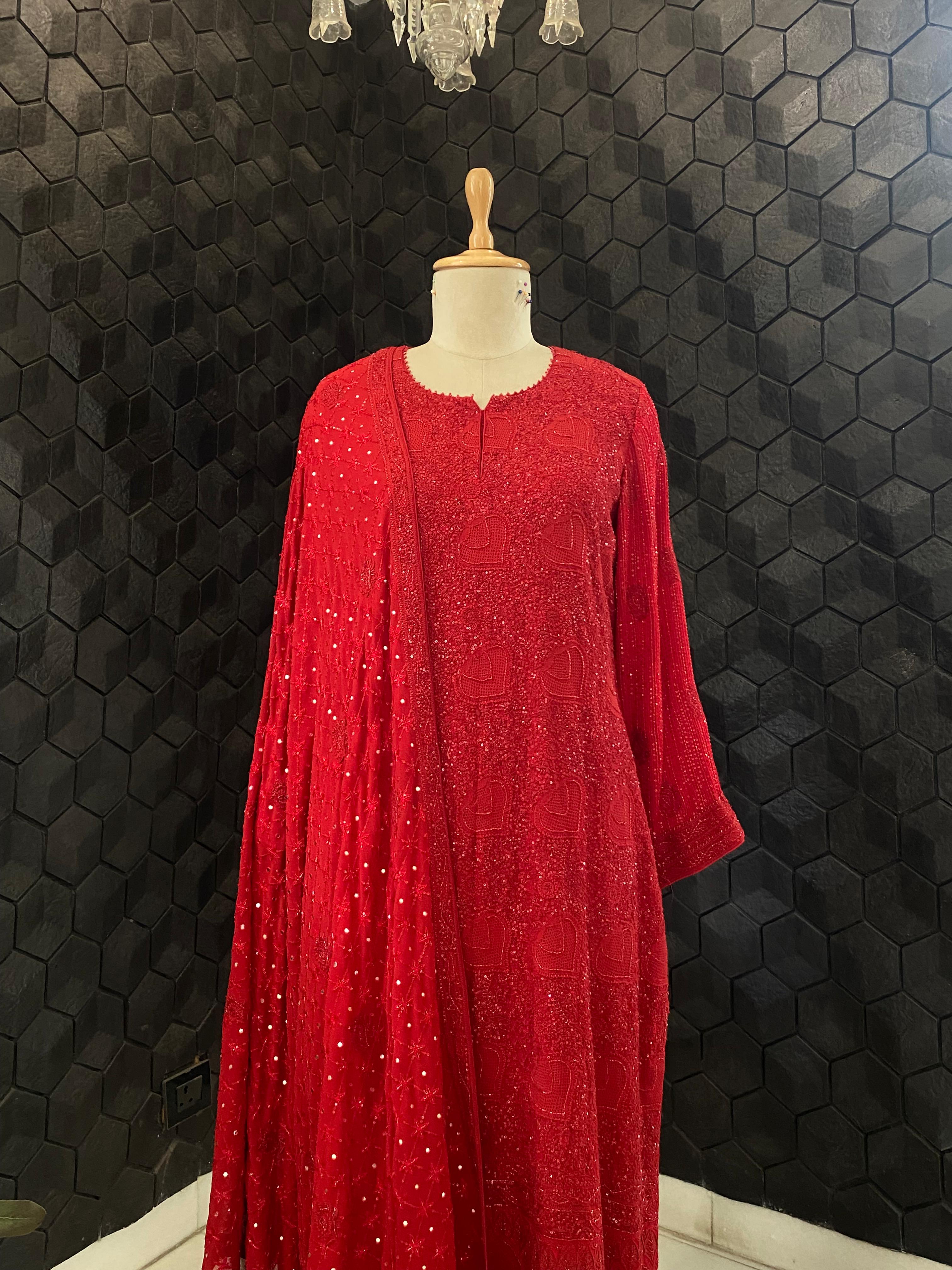 Red Georgette Ek -Taar Chikankari Kurta Set with statement heavy  dupatta