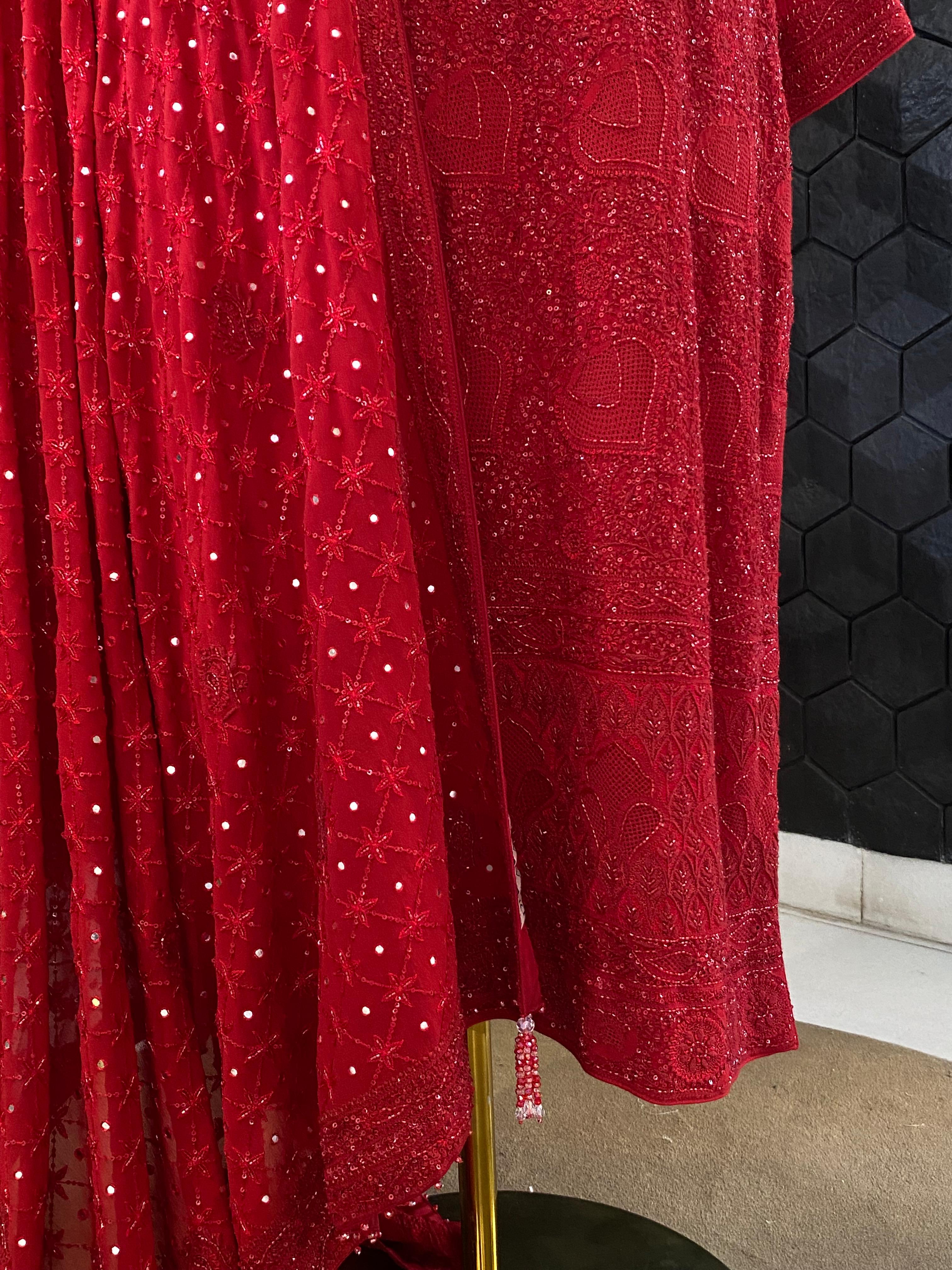 Red Georgette Ek -Taar Chikankari Kurta Set with statement heavy  dupatta