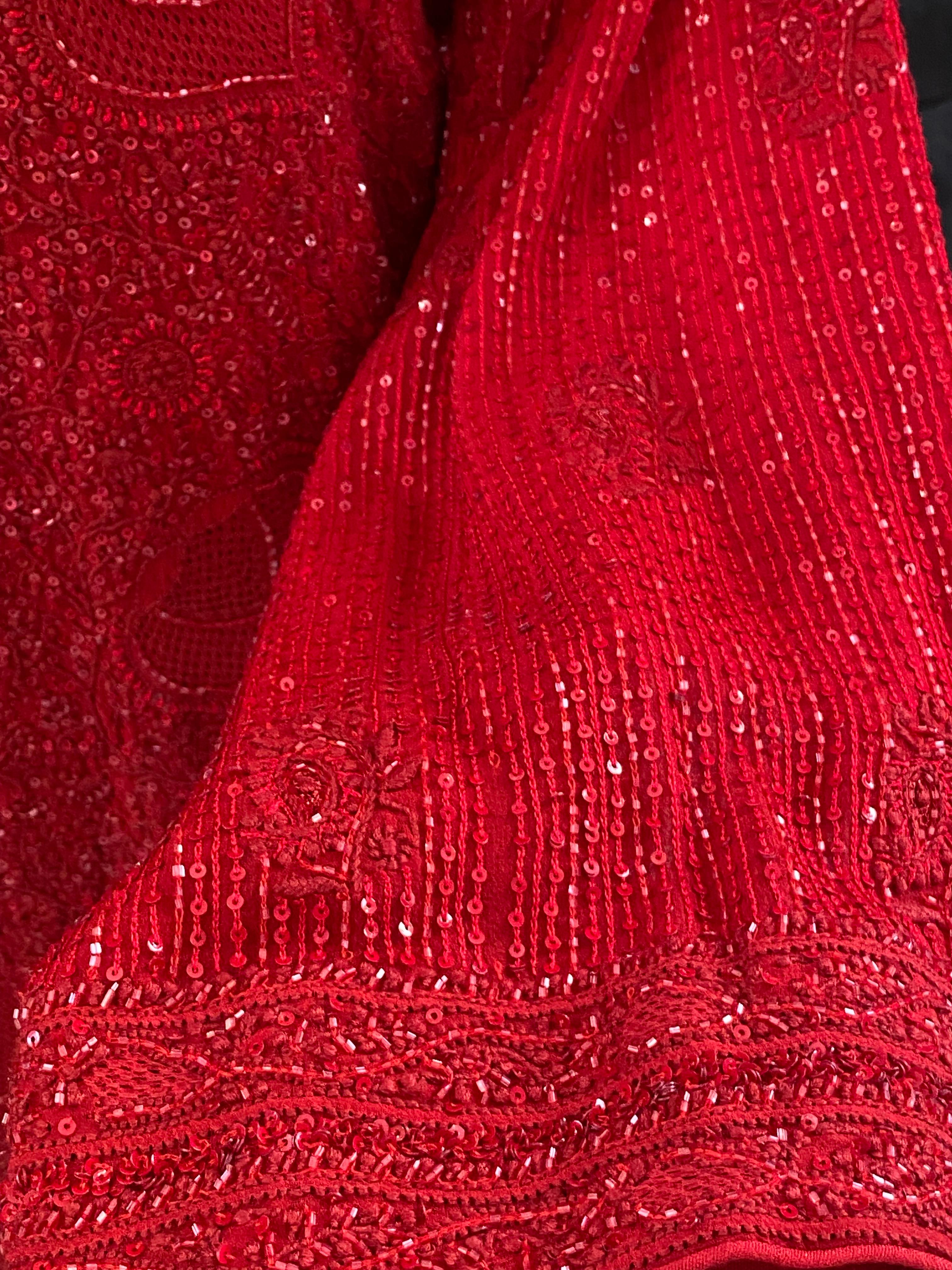 Red Georgette Ek -Taar Chikankari Kurta Set with statement heavy  dupatta