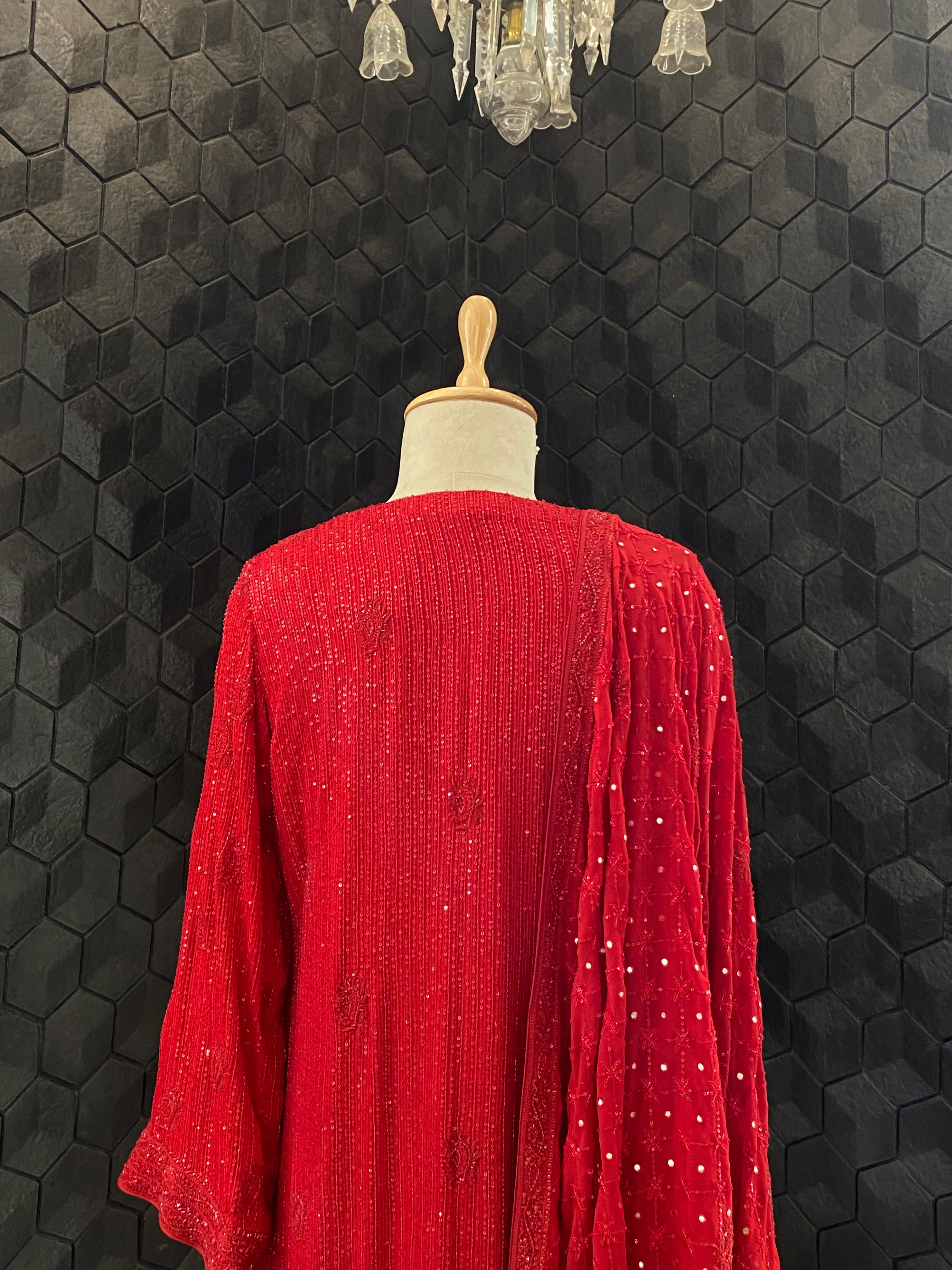 Red Georgette Ek -Taar Chikankari Kurta Set with statement heavy  dupatta