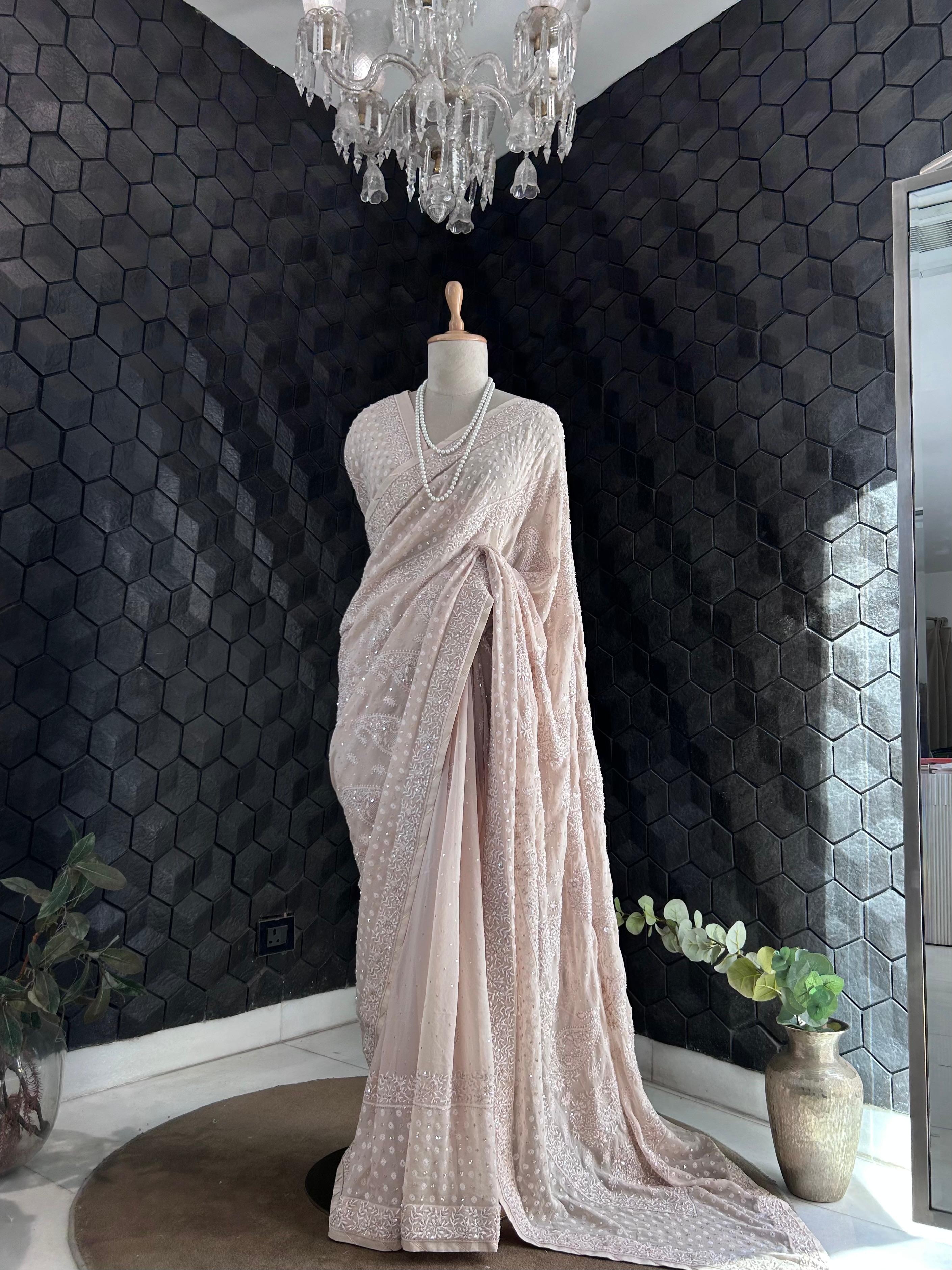 Beige Ek-Taar Georgette Chikankari Saree