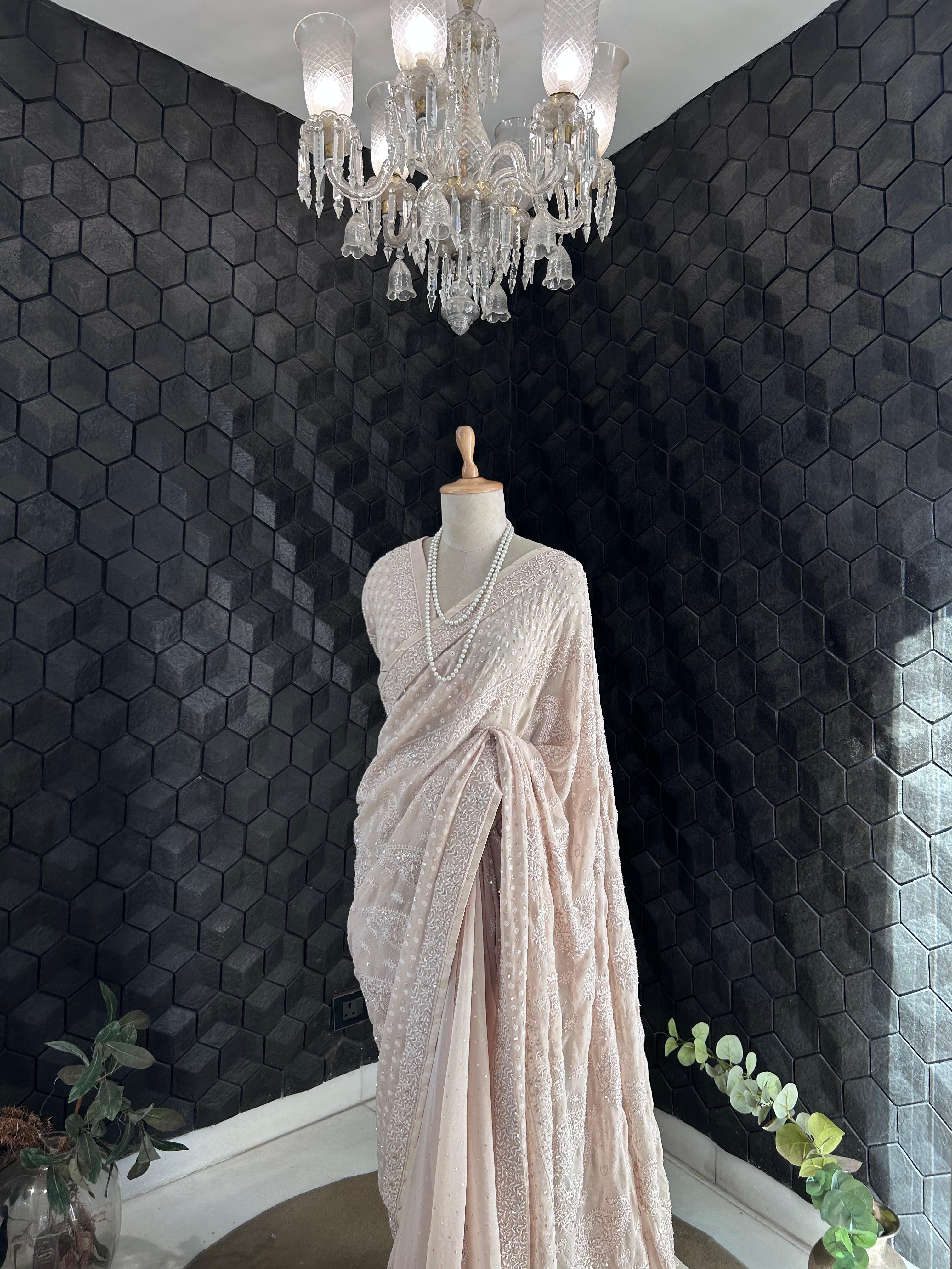 Beige Ek-Taar Georgette Chikankari Saree