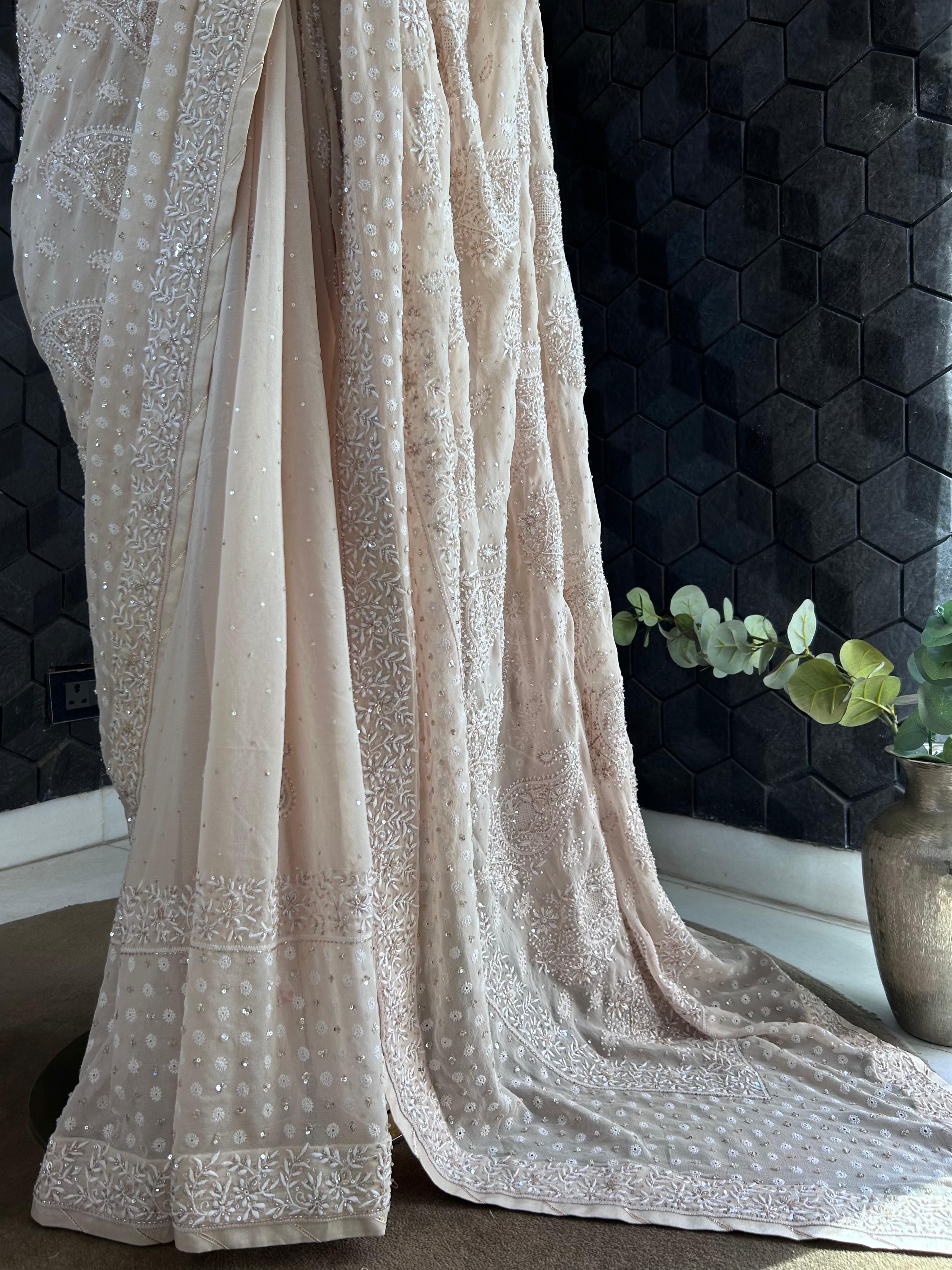 Beige Ek-Taar Georgette Chikankari Saree