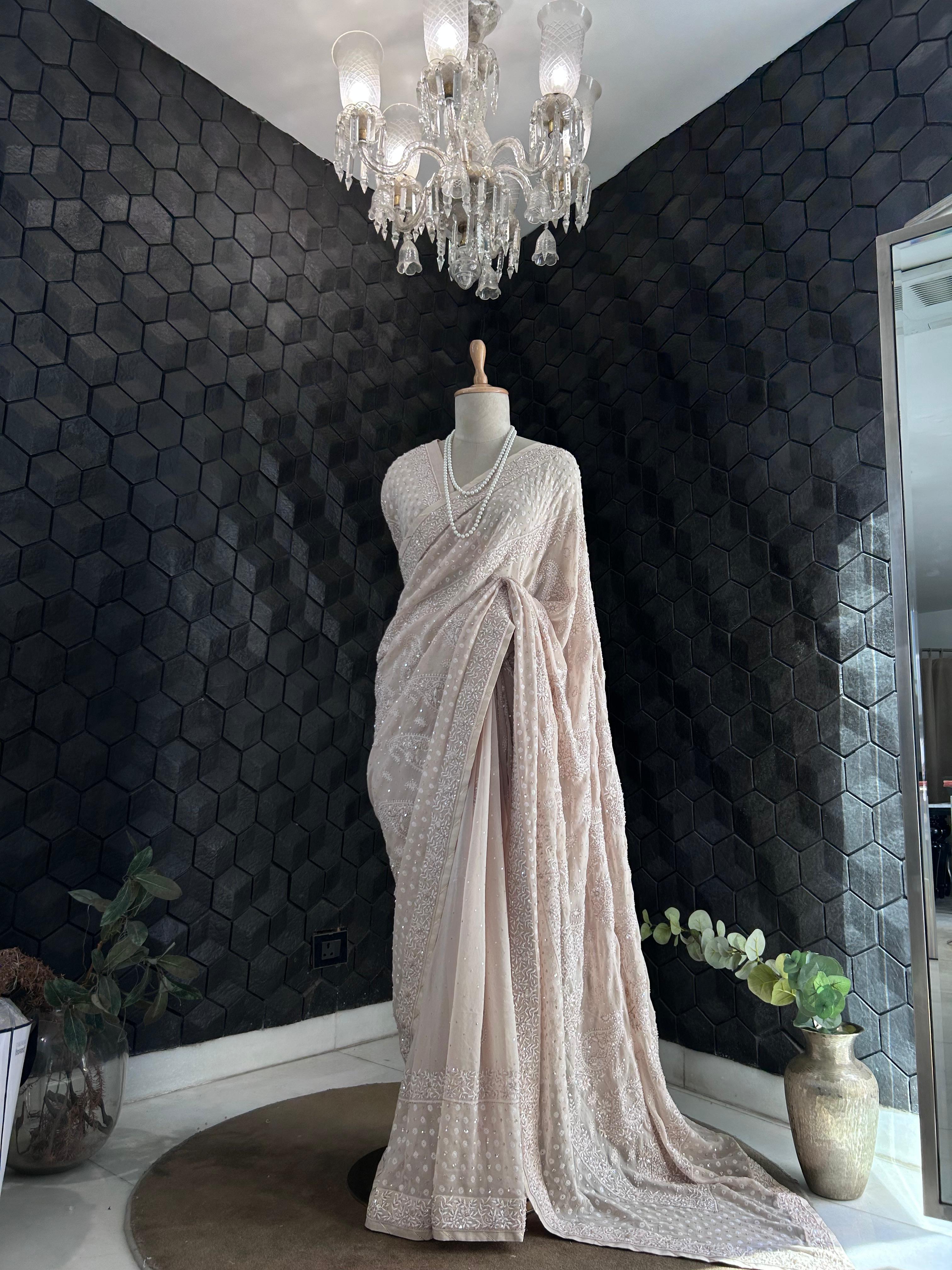 Beige Ek-Taar Georgette Chikankari Saree