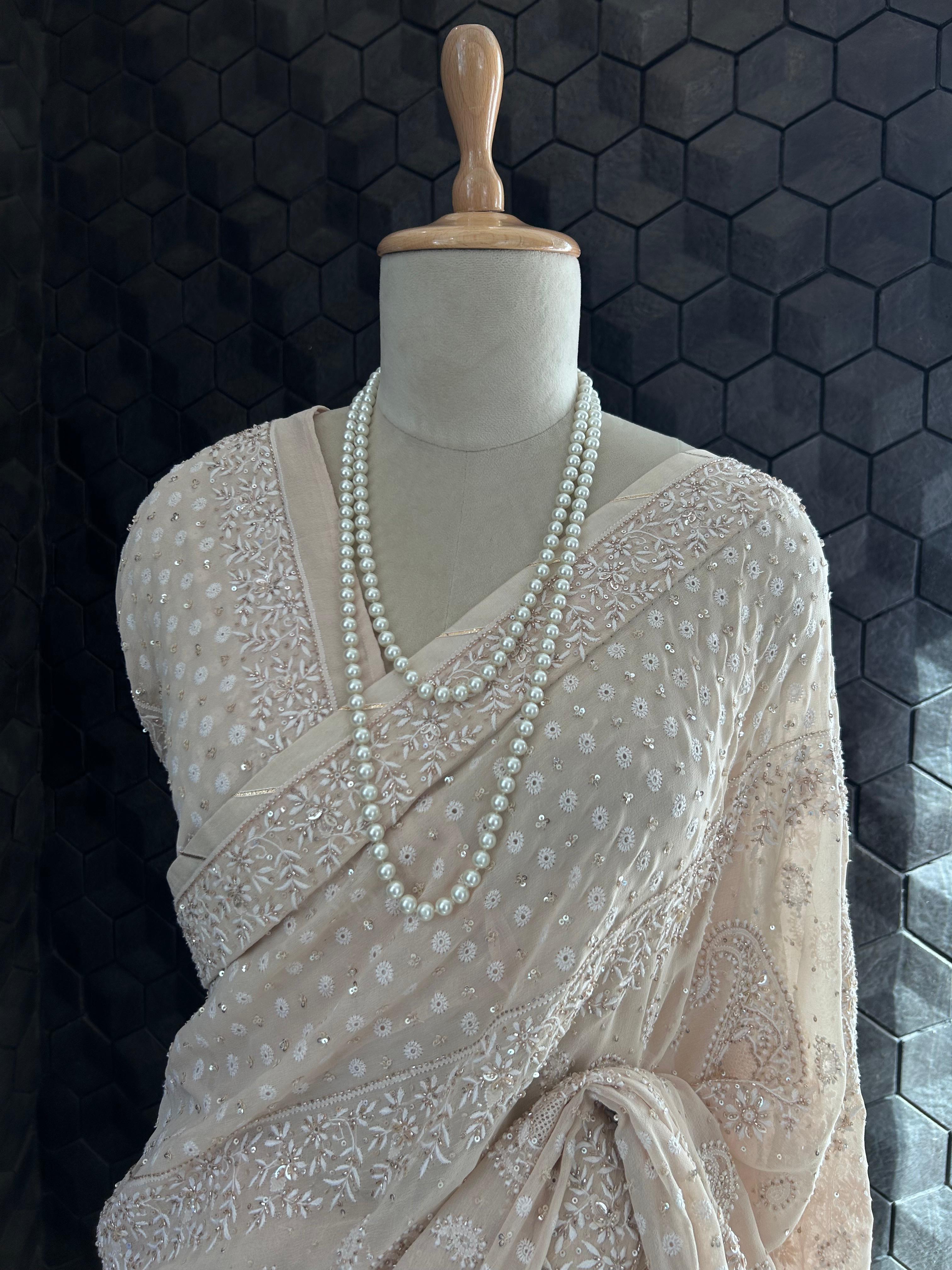 Beige Ek-Taar Georgette Chikankari Saree