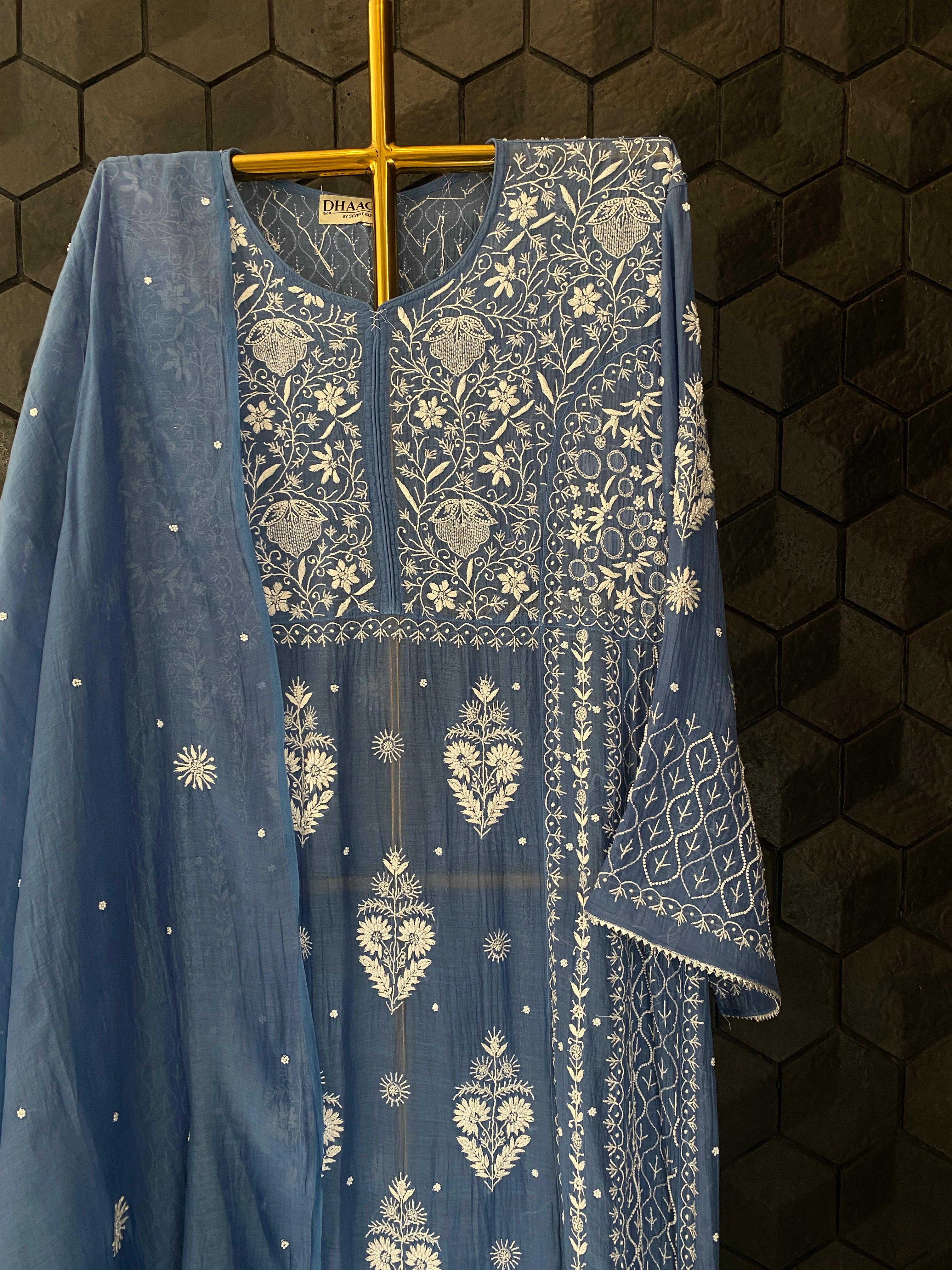 Cobalt blue mul chanderi chikankari anarkali set