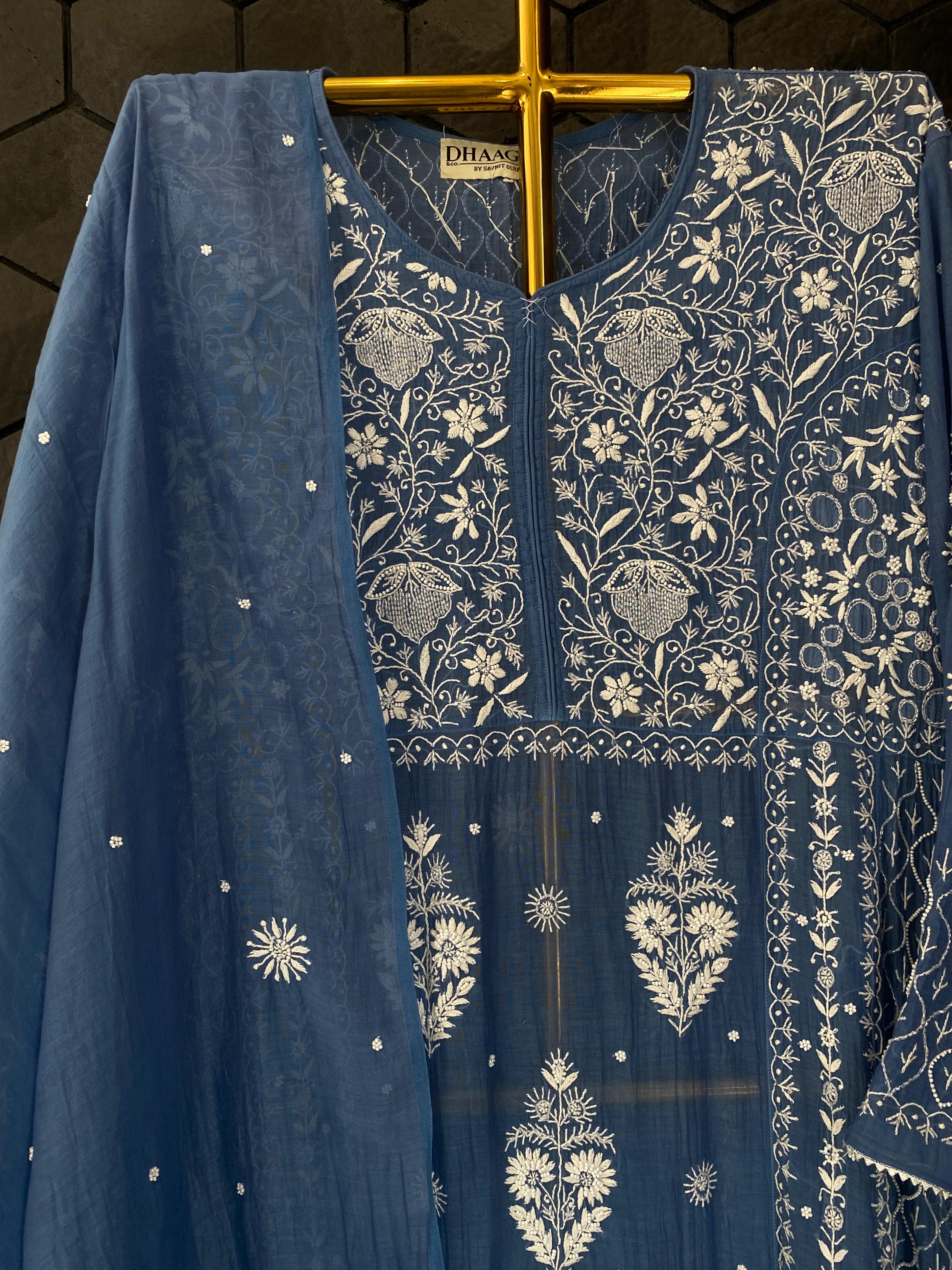 Cobalt blue mul chanderi chikankari anarkali set