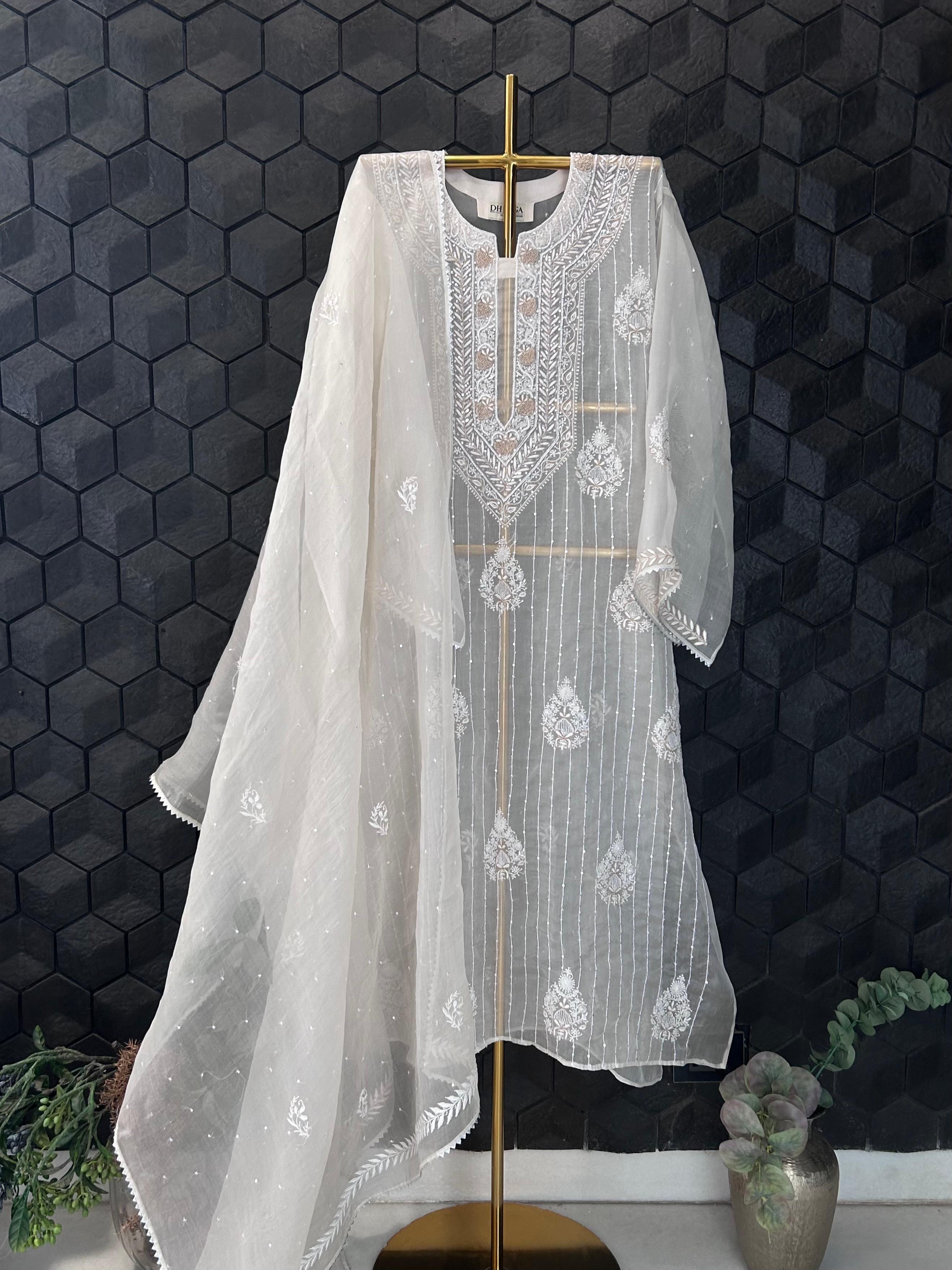 Off White organza chikankari kurta set
