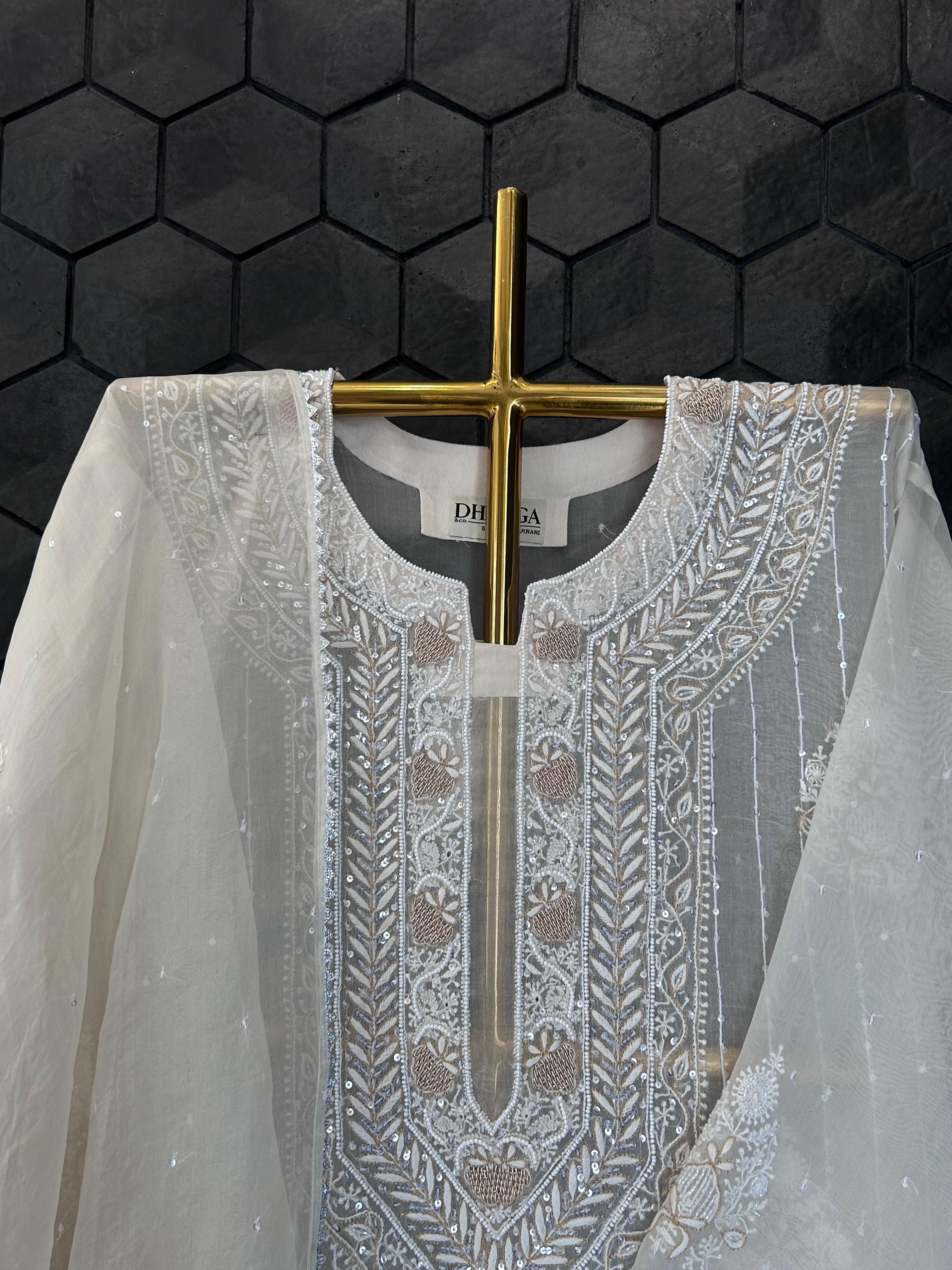 Off White organza chikankari kurta set