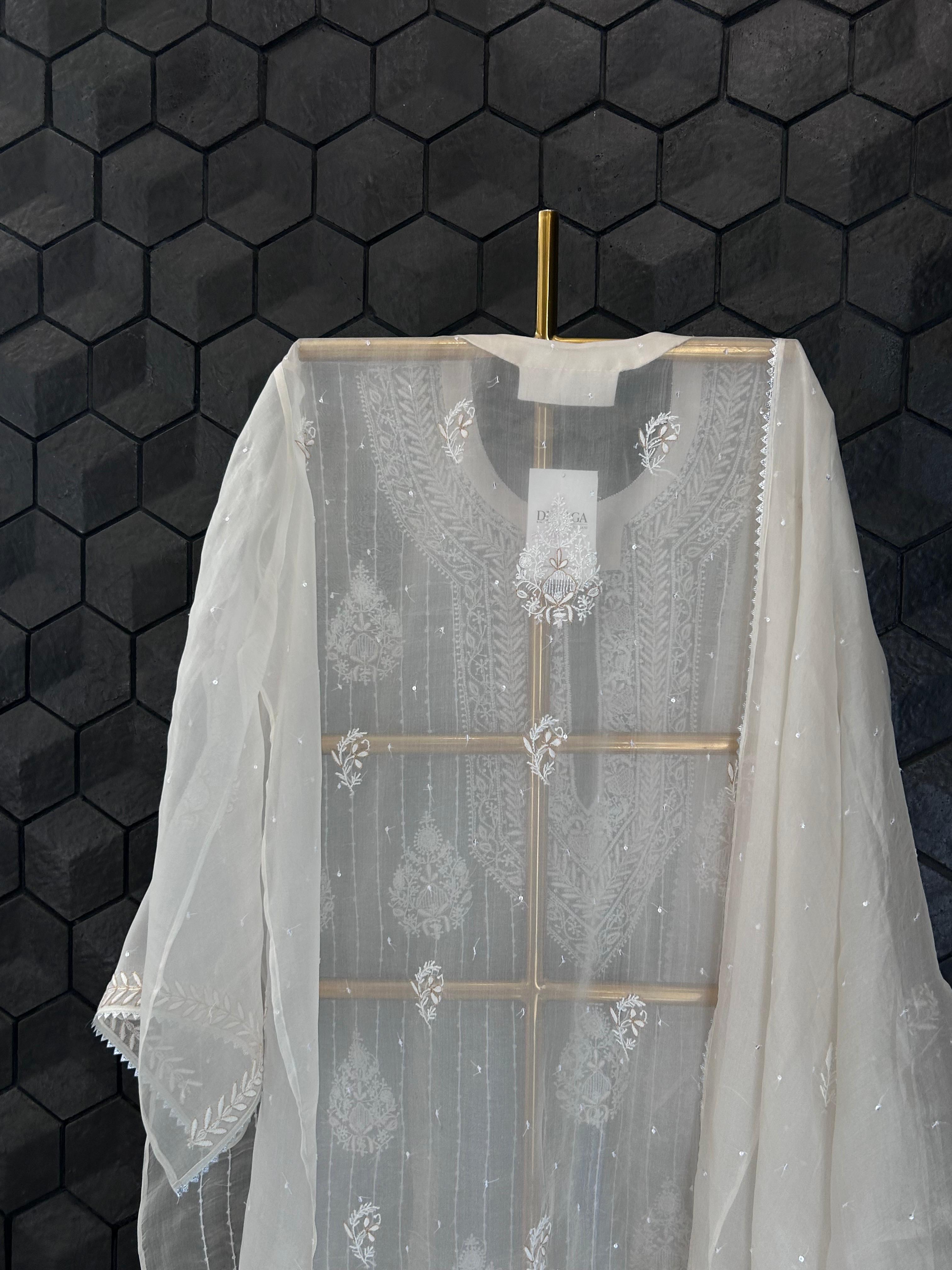 Off White organza chikankari kurta set