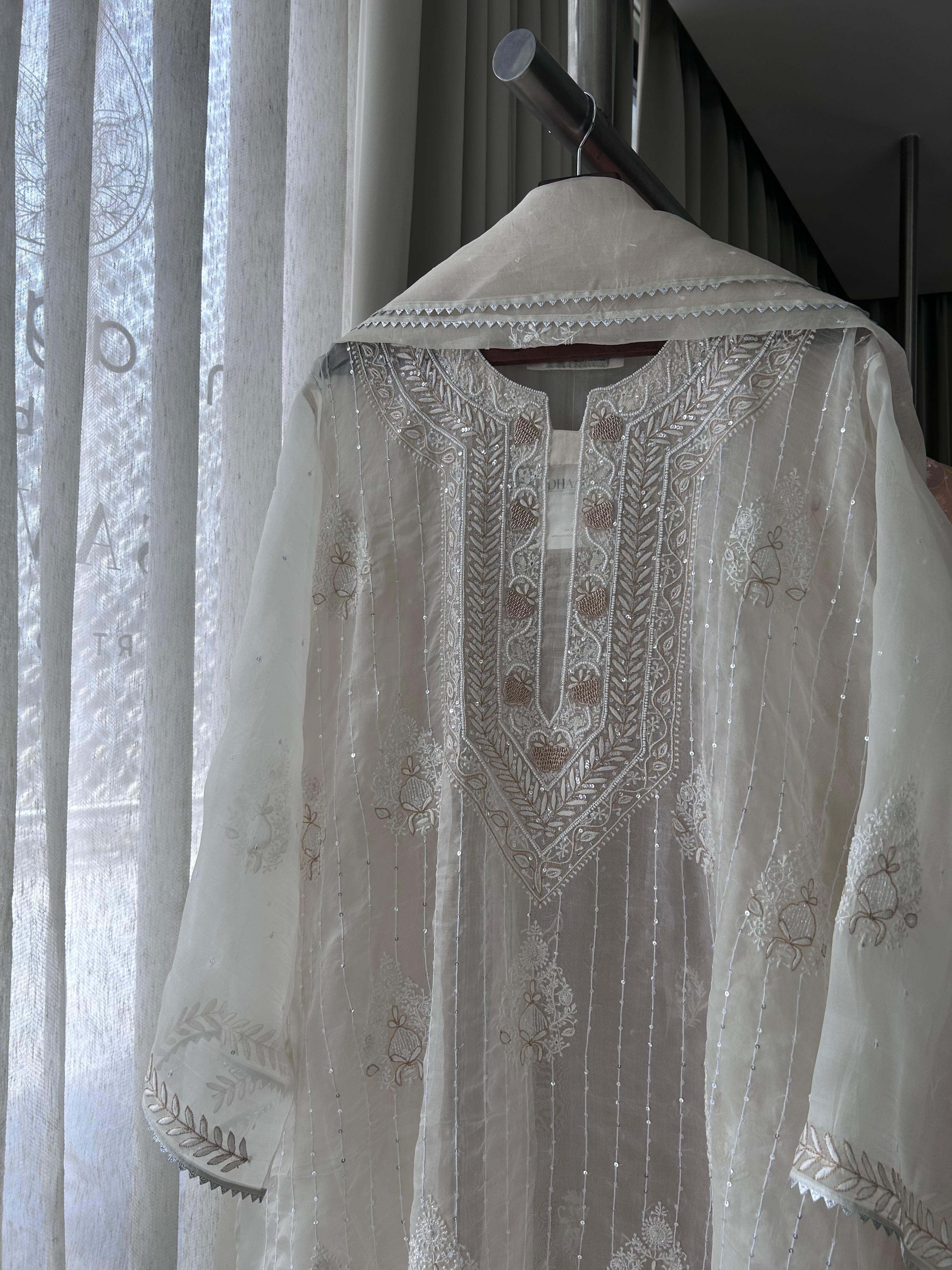 Off White organza chikankari kurta set