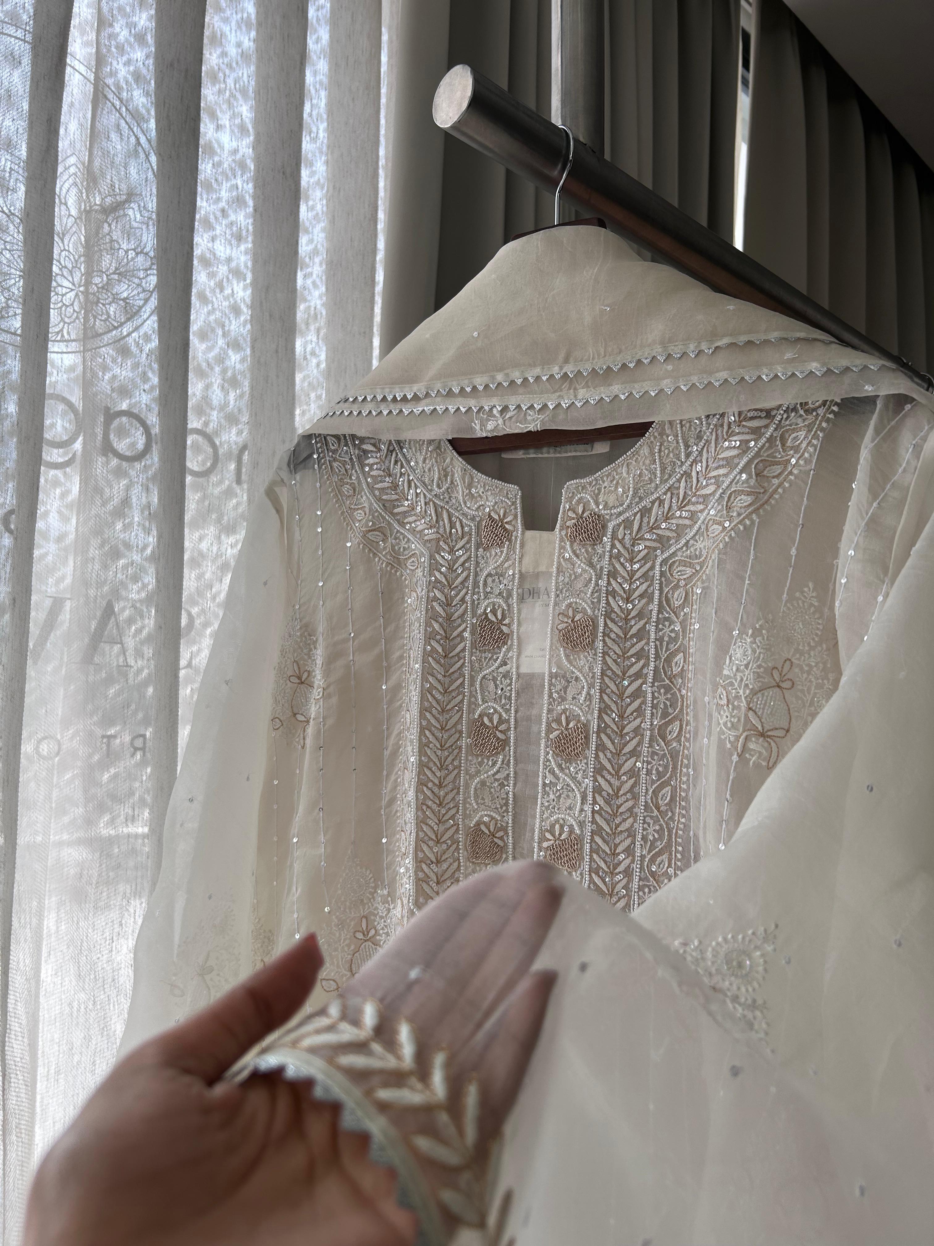 Off White organza chikankari kurta set