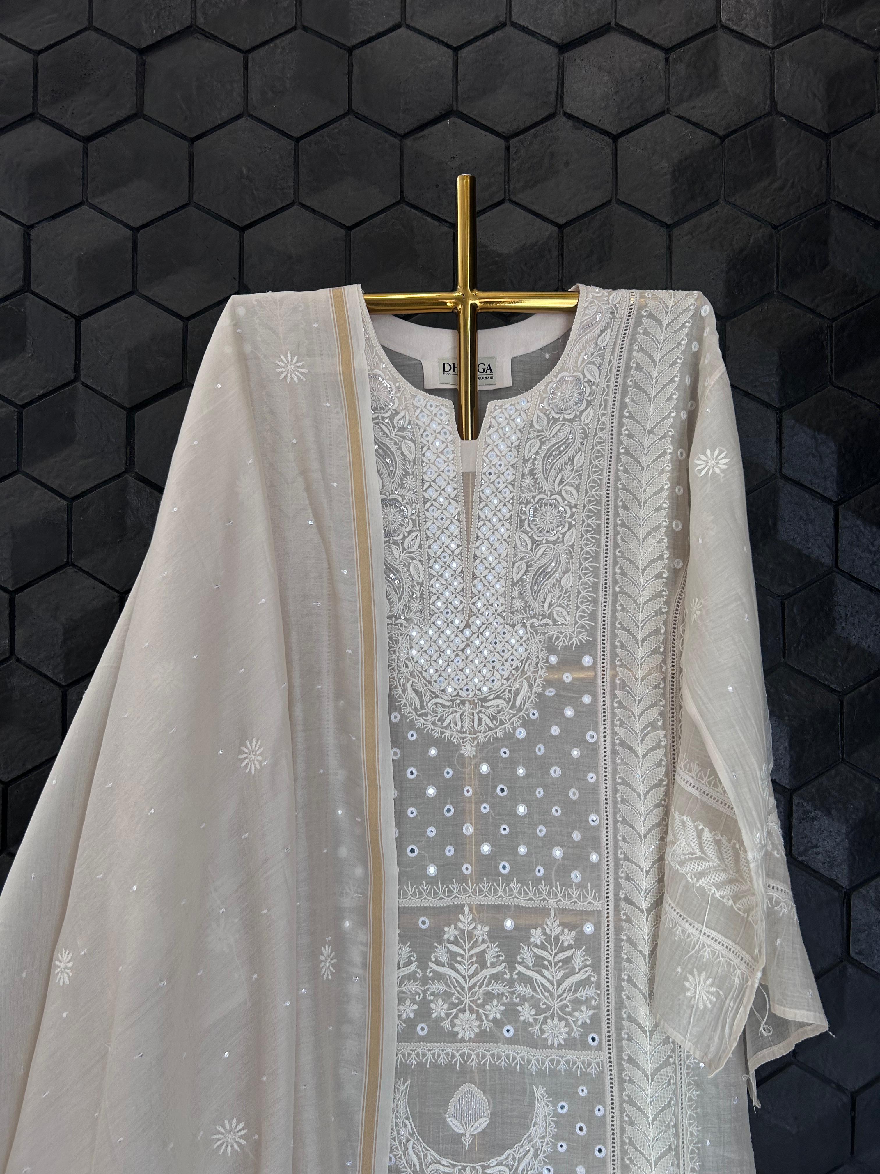 Ivory mul chanderi chikankari kurta set