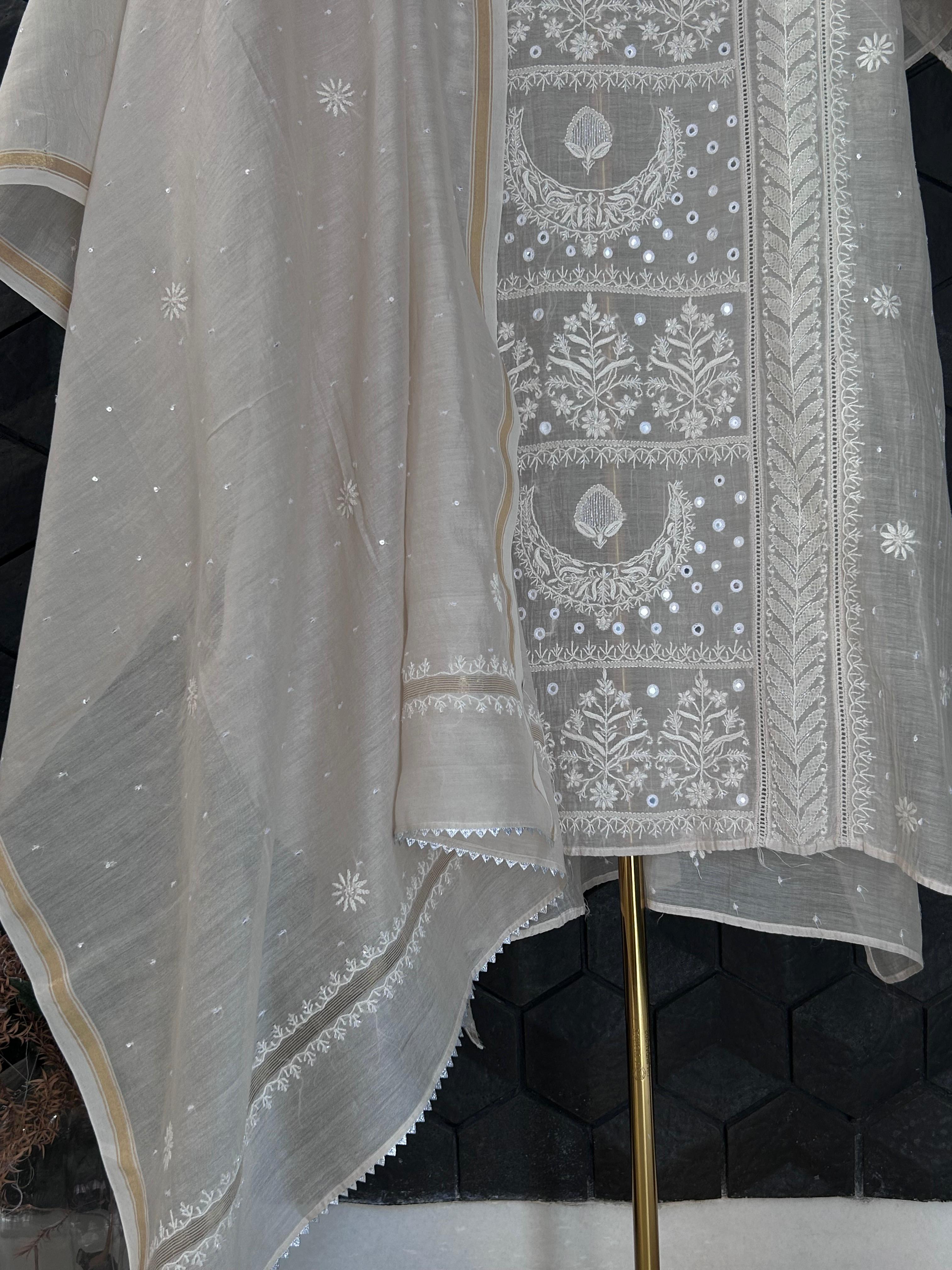 Ivory mul chanderi chikankari kurta set
