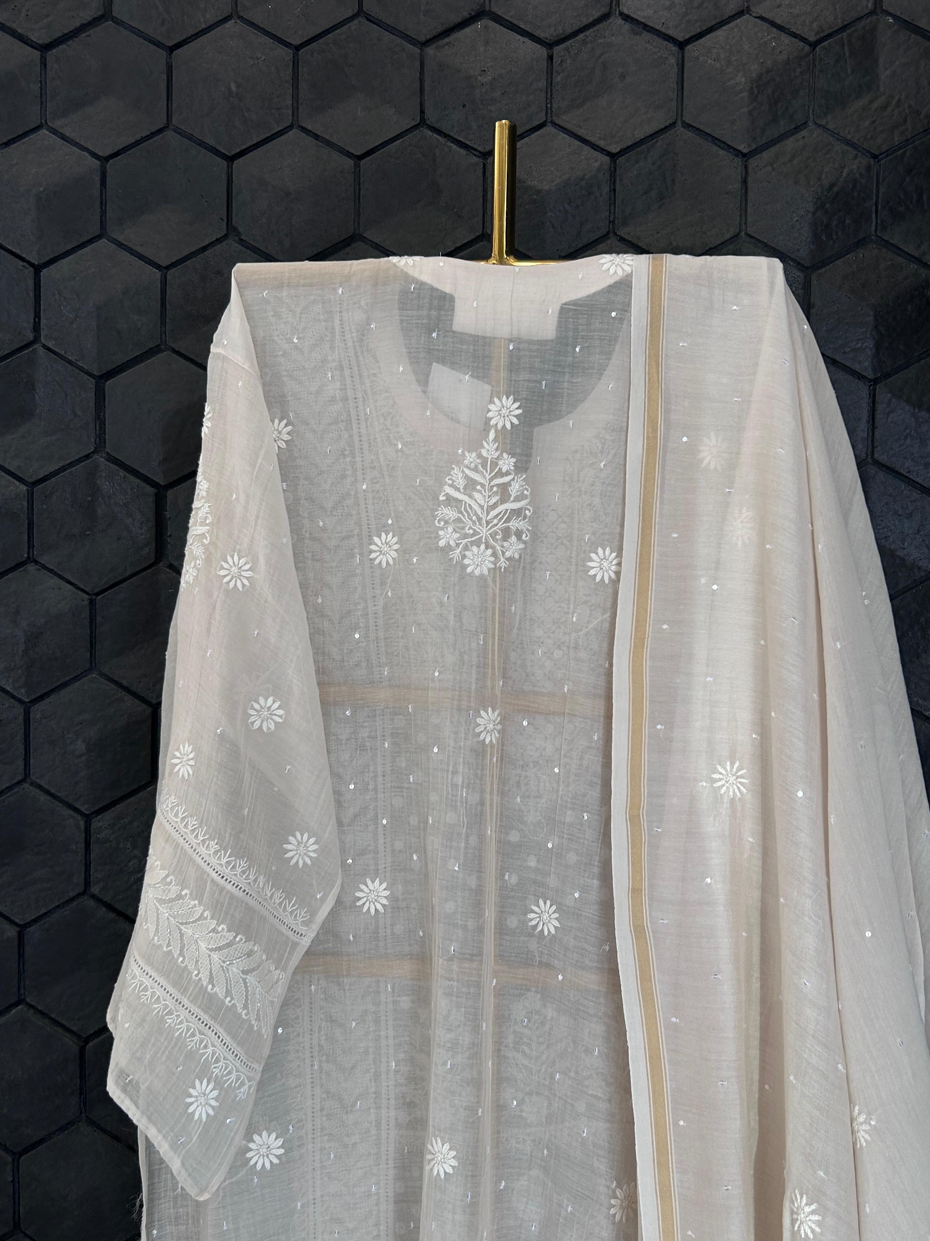 Ivory mul chanderi chikankari kurta set