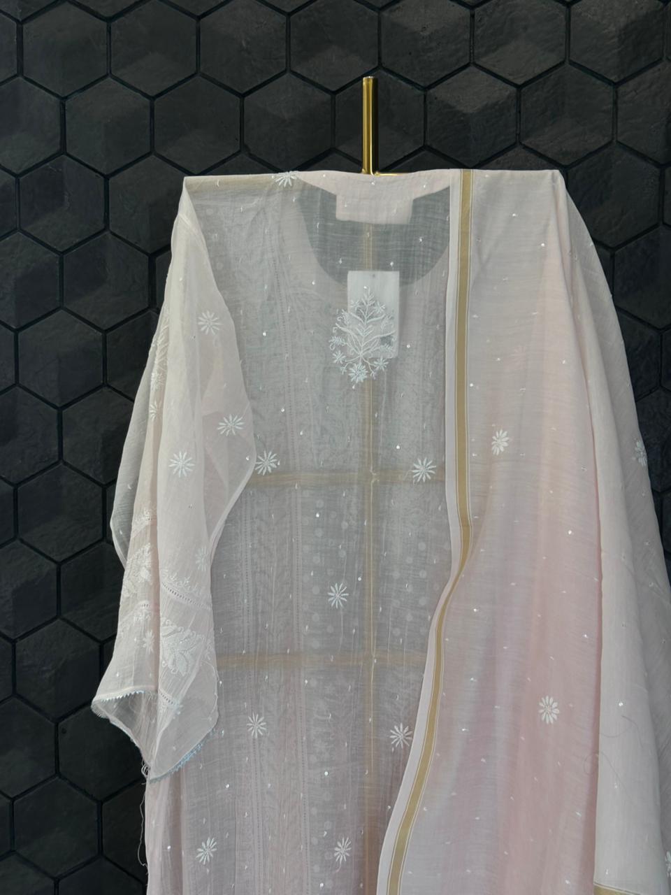 Pink Mul Chanderi Chikankari Kurta Set