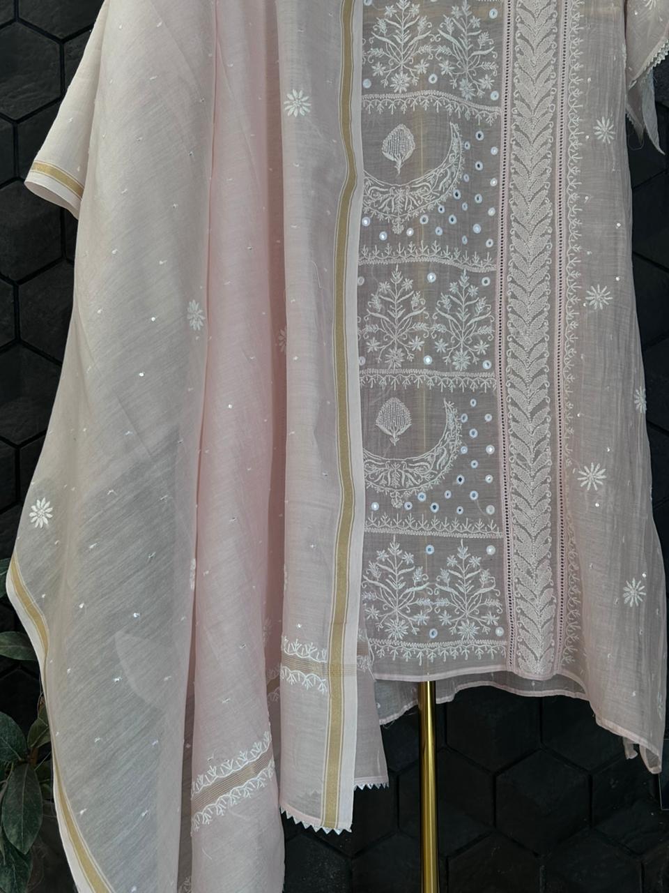 Pink Mul Chanderi Chikankari Kurta Set
