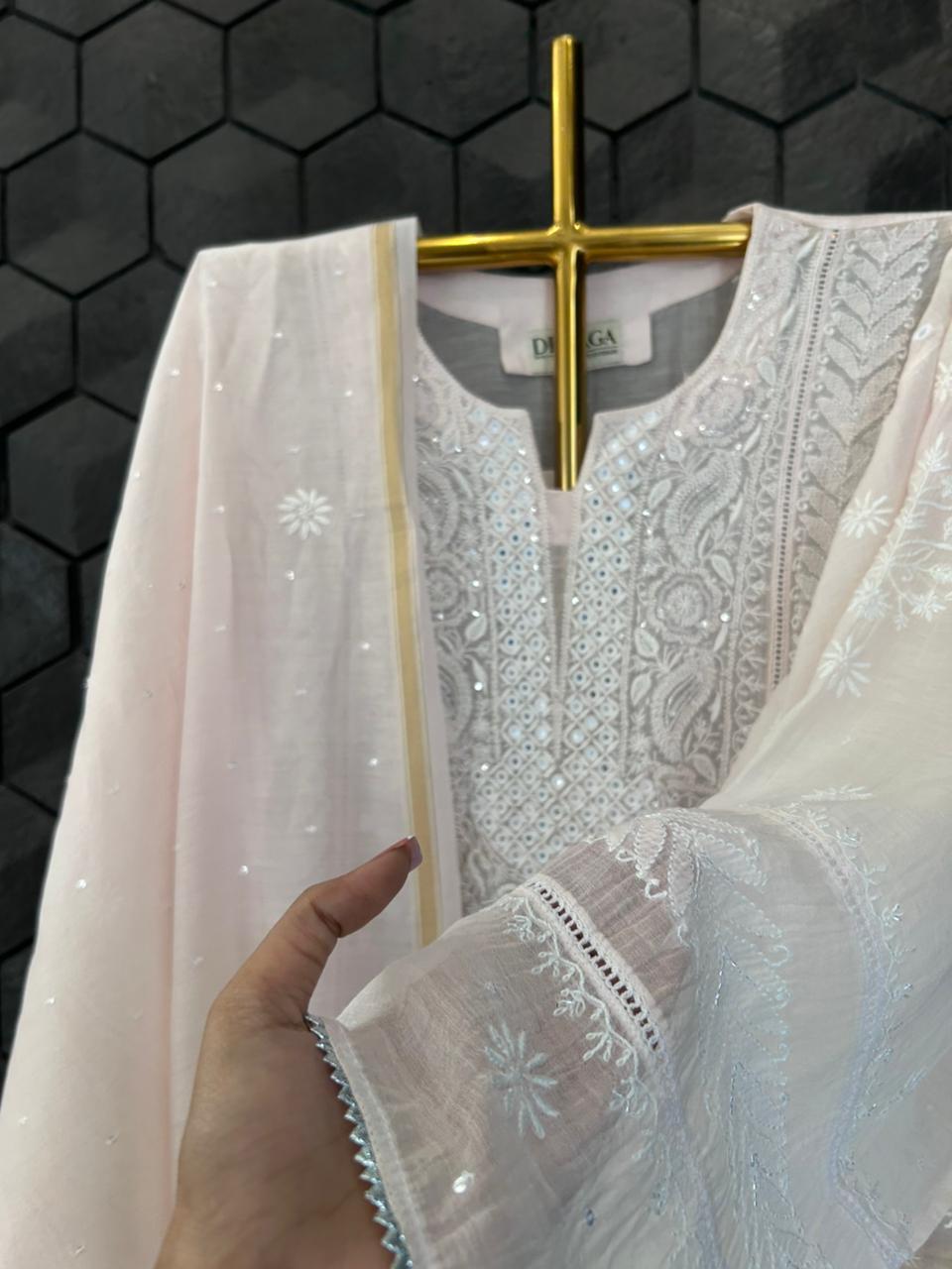 Pink Mul Chanderi Chikankari Kurta Set