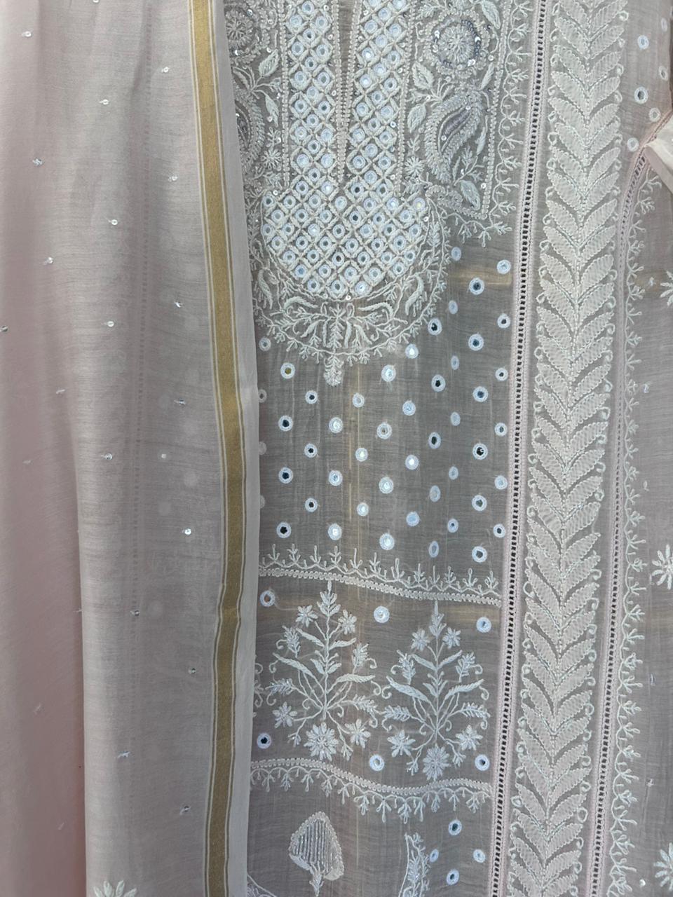 Pink Mul Chanderi Chikankari Kurta Set