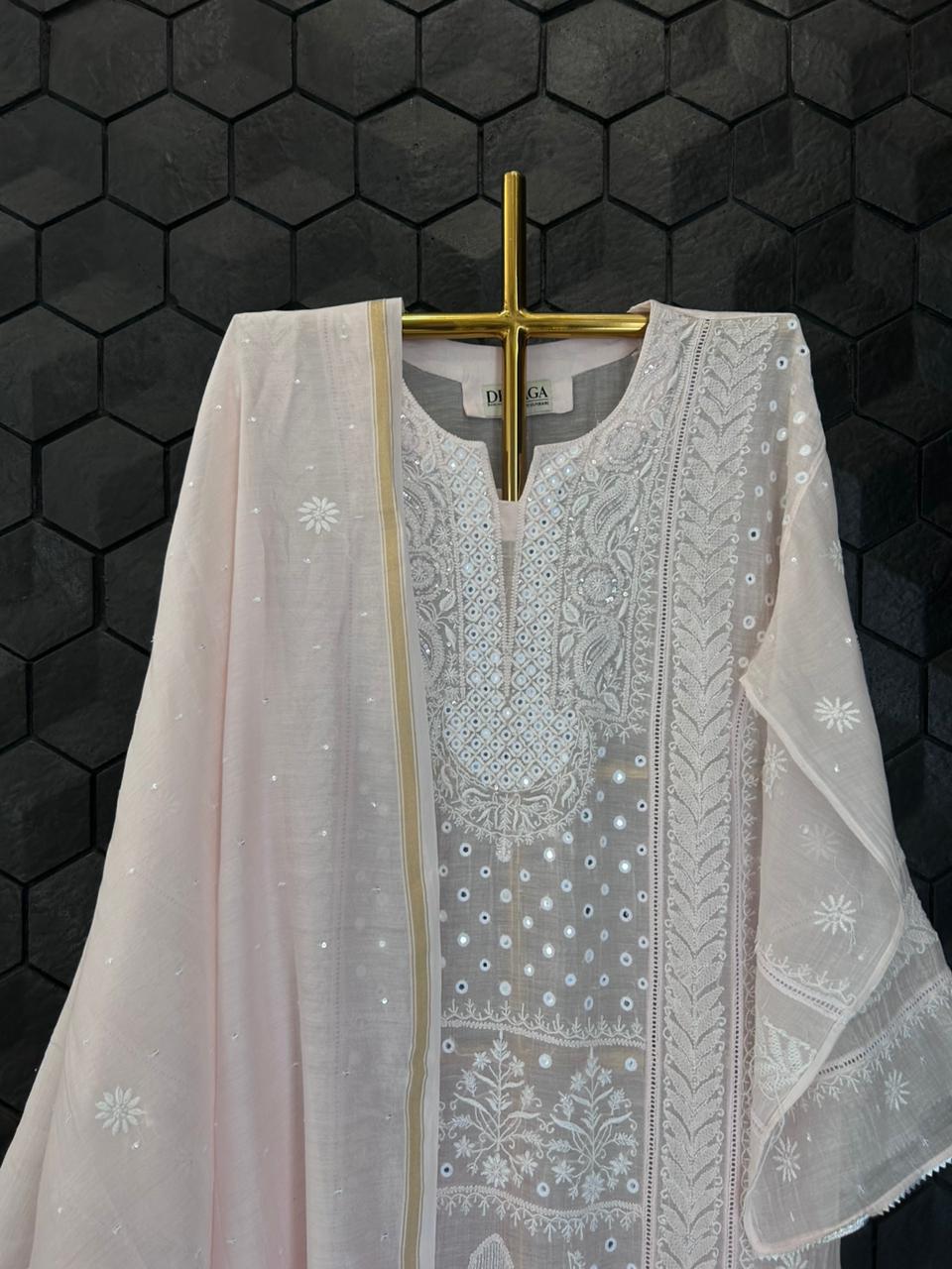 Pink Mul Chanderi Chikankari Kurta Set