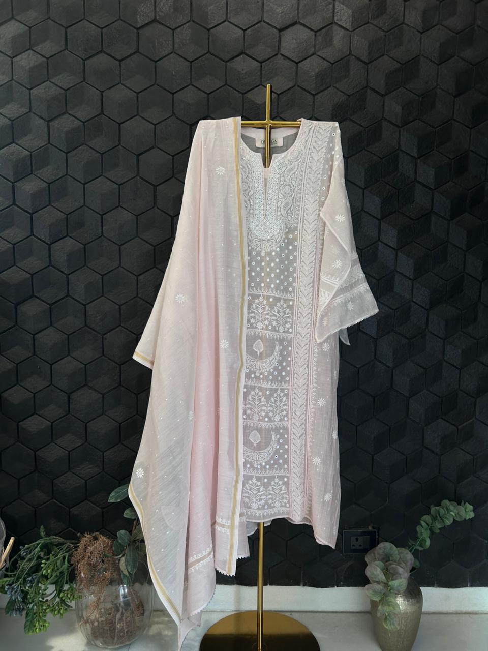 Pink Mul Chanderi Chikankari Kurta Set