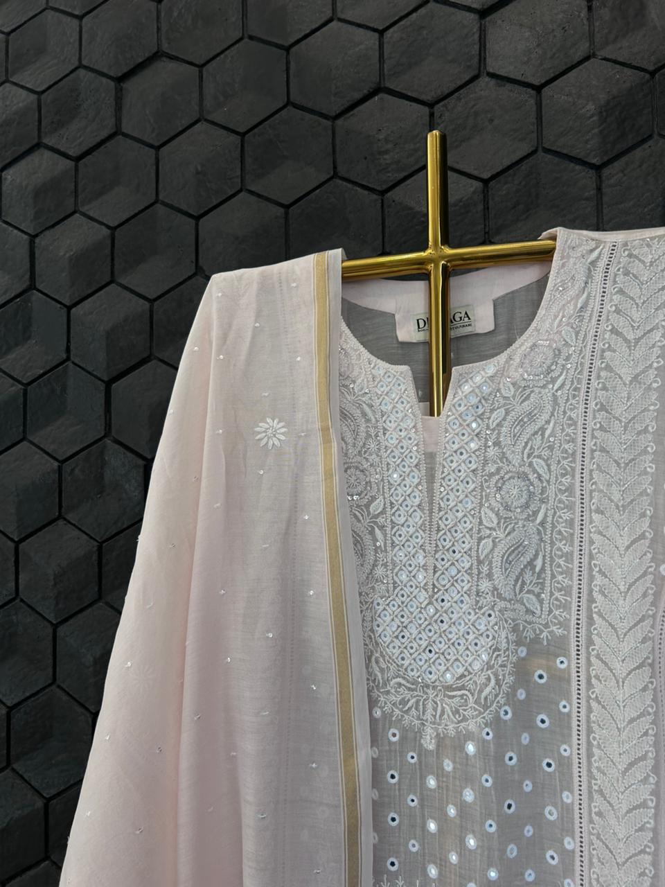 Pink Mul Chanderi Chikankari Kurta Set