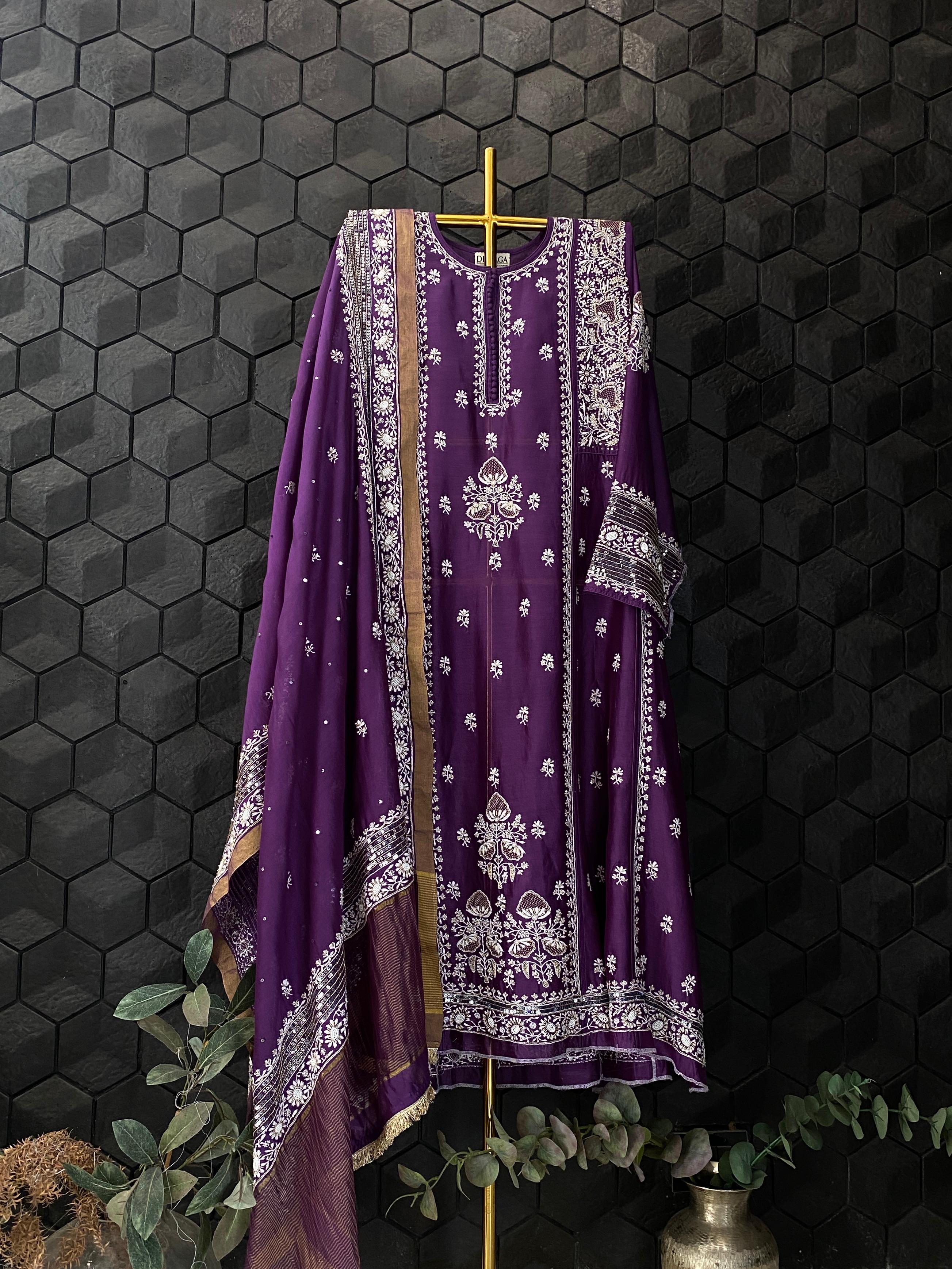 Purple Chanderi chikankari Anarkali with heavy statement sequins dupatta