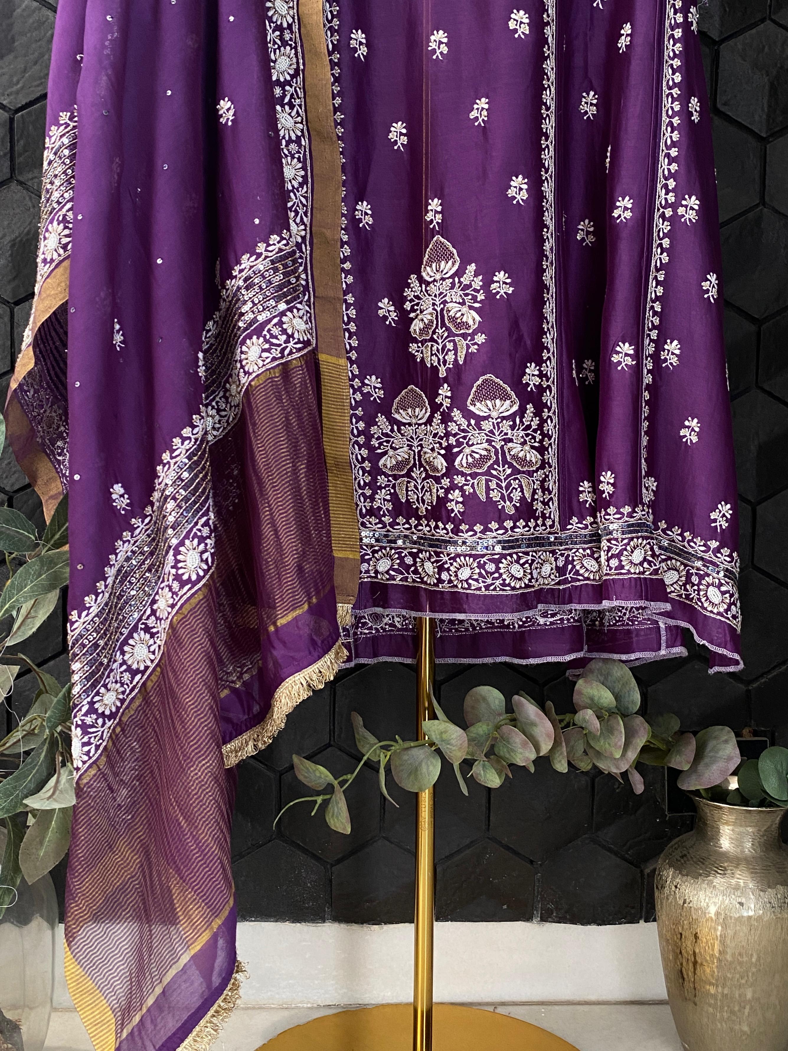Purple Chanderi chikankari Anarkali with heavy statement sequins dupatta