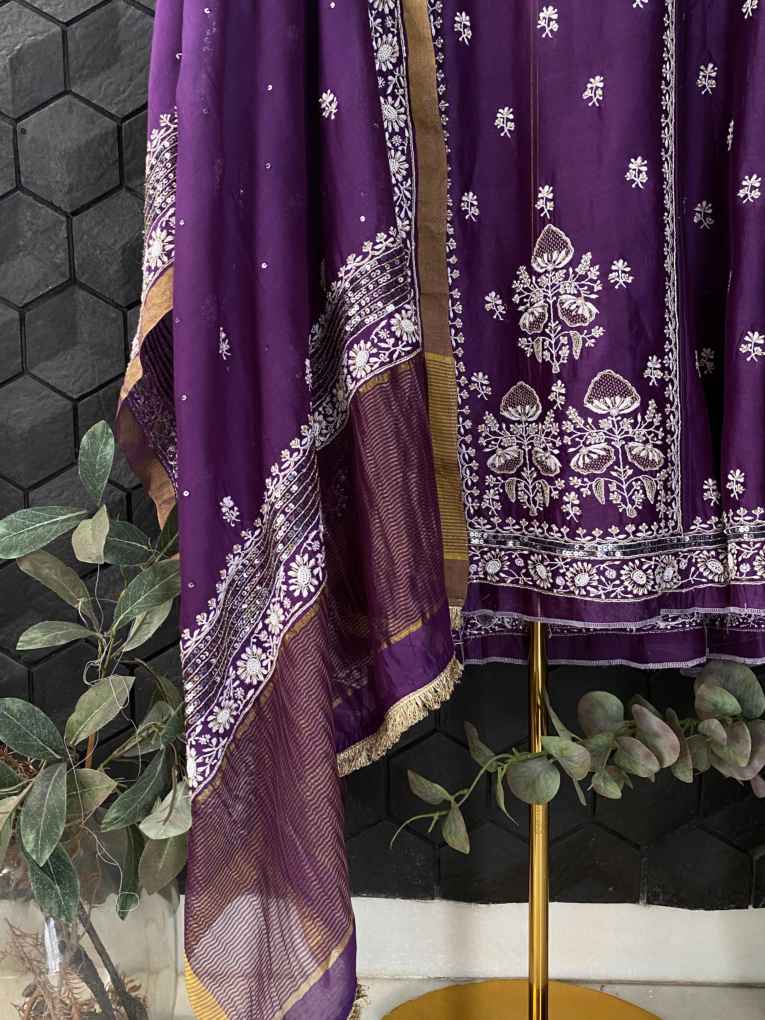 Purple Chanderi chikankari Anarkali with heavy statement sequins dupatta