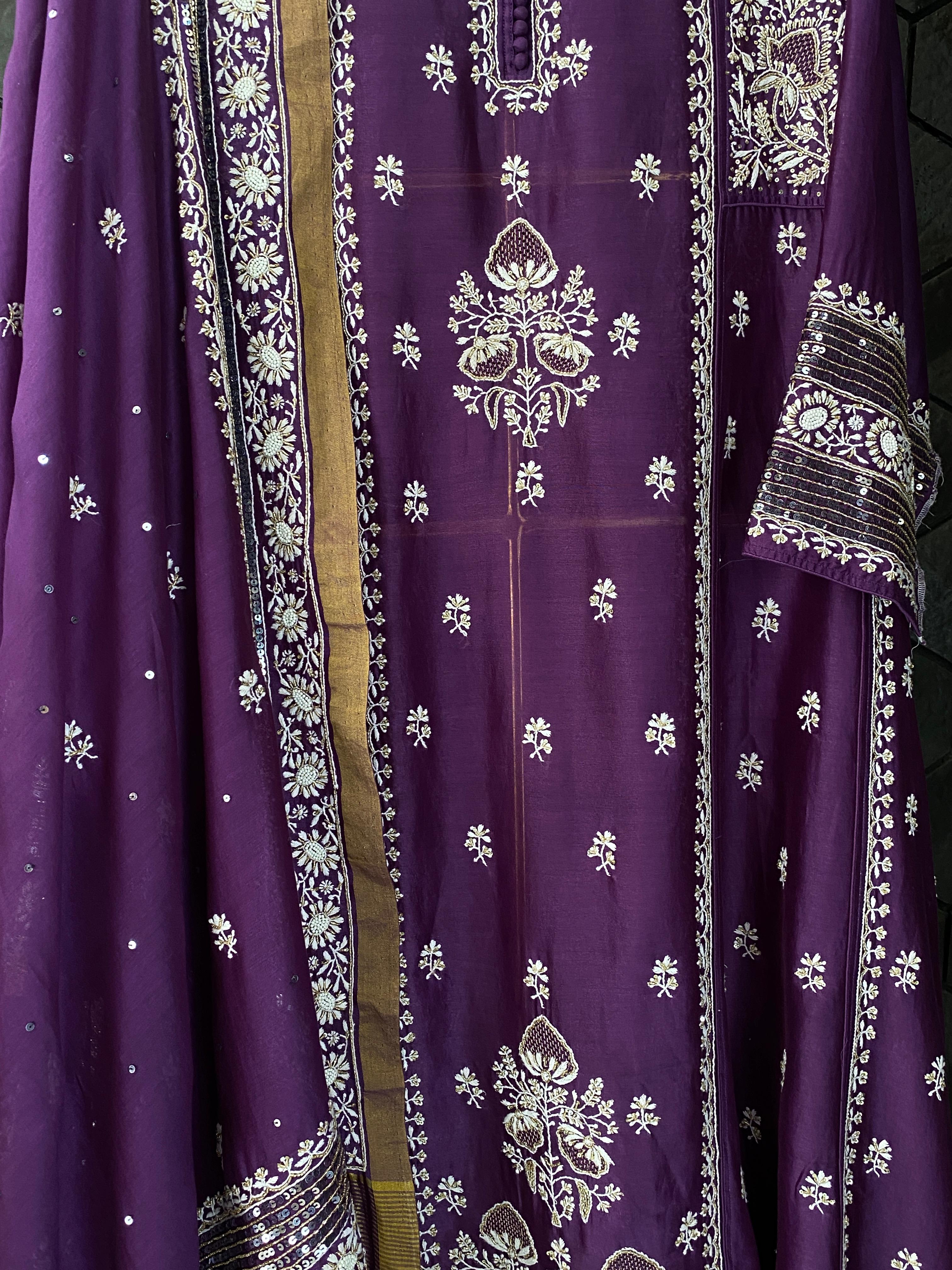 Purple Chanderi chikankari Anarkali with heavy statement sequins dupatta