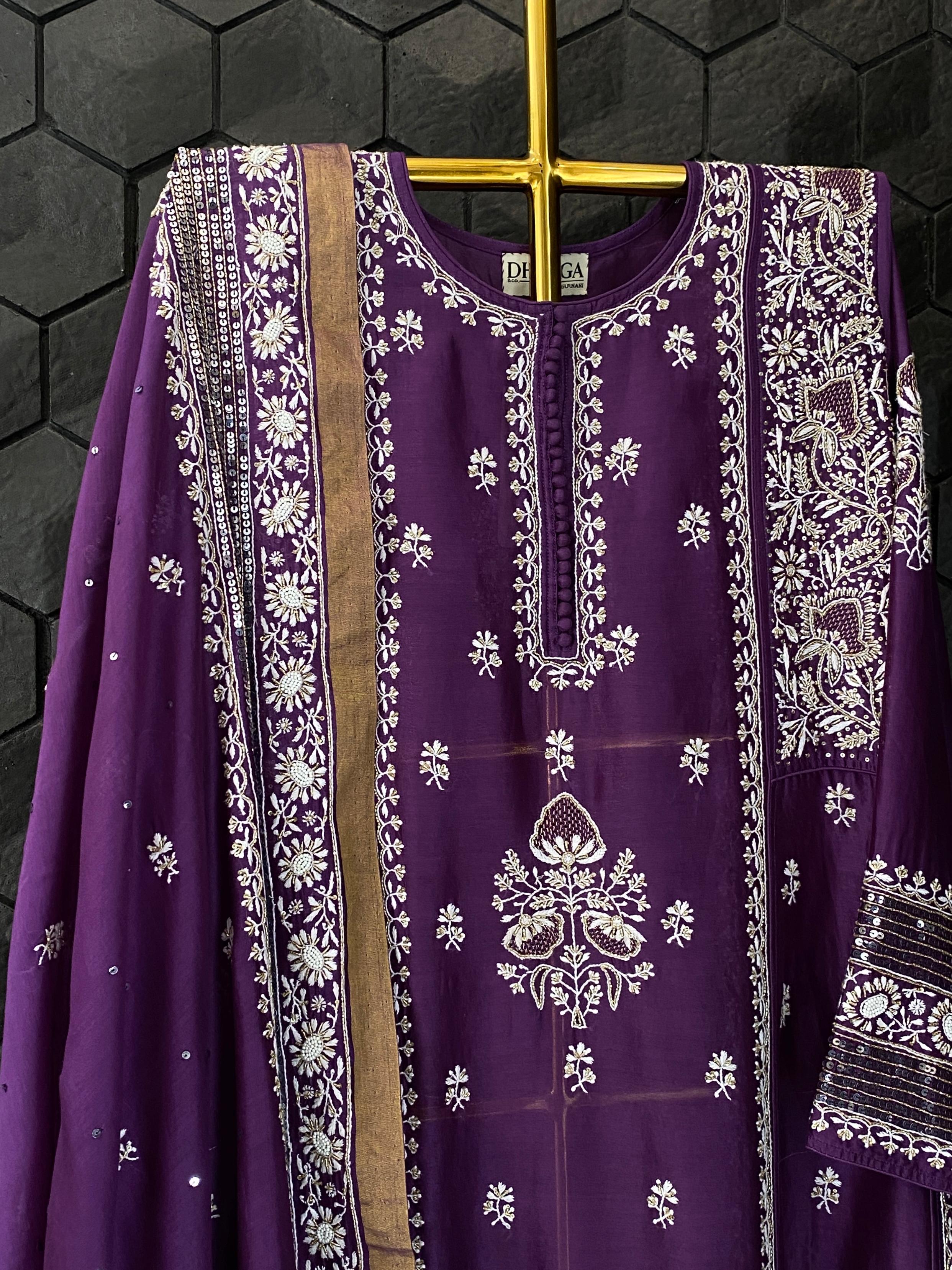 Purple Chanderi chikankari Anarkali with heavy statement sequins dupatta